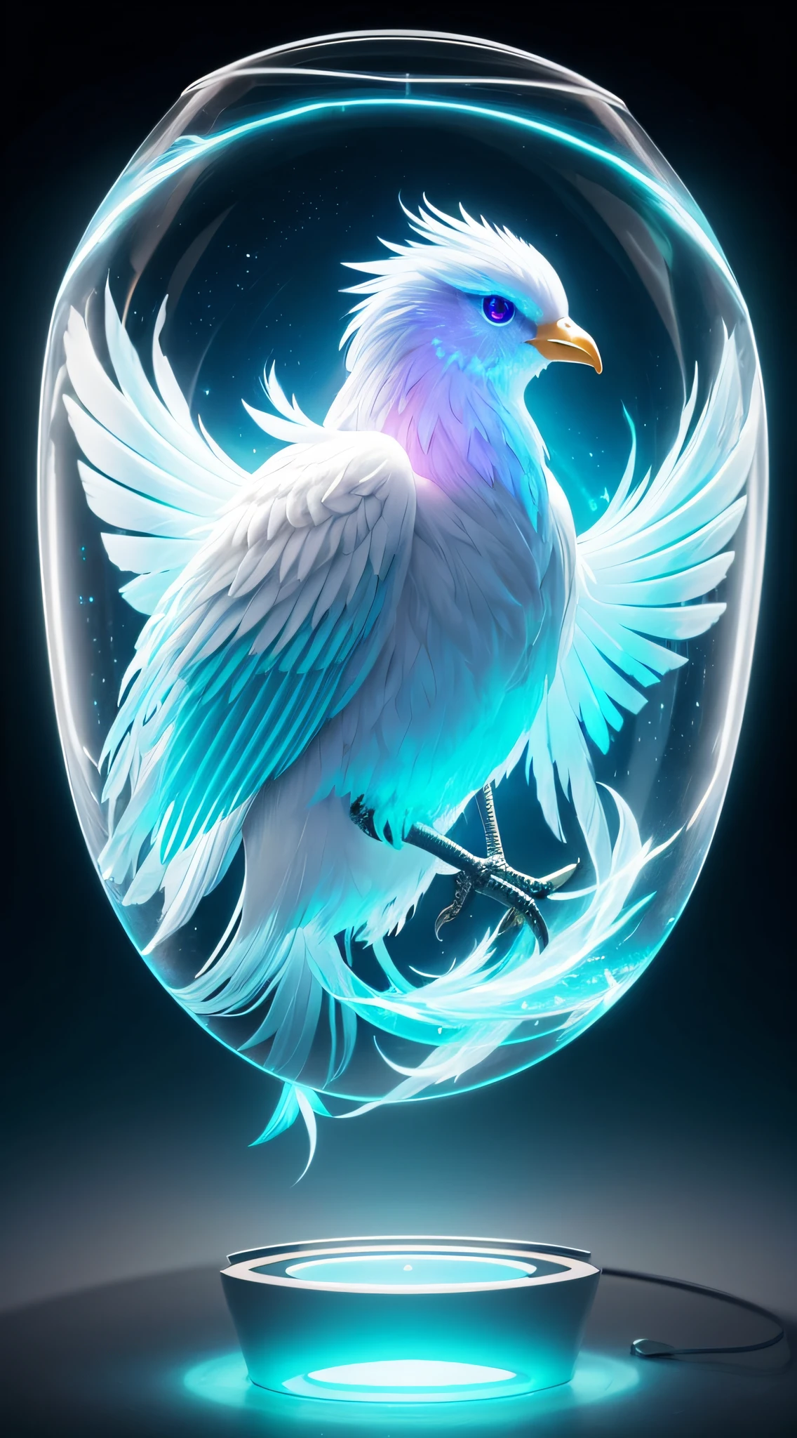 Radiant Bird-Like Creature in Containment Chamber:

A glowing, ethereal bird-like creature within a futuristic containment chamber.