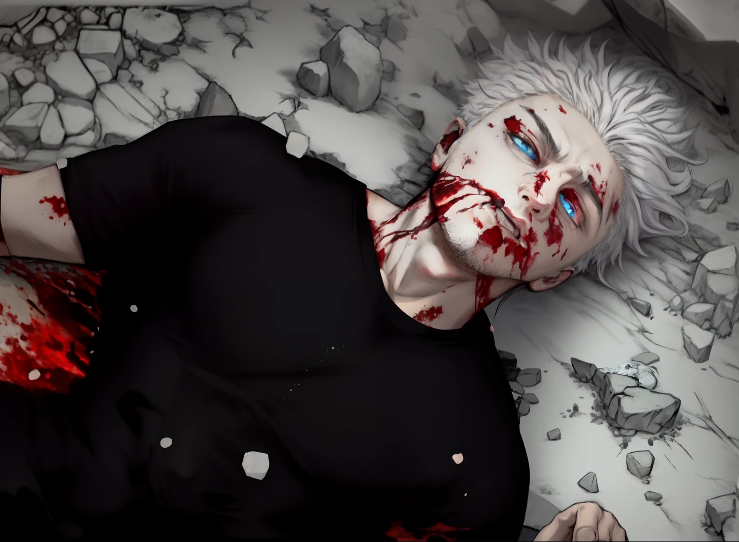 (MANGA ART STYLE),Man lying on ground, wearing black tshirt,sad,white hair, blue eyes, blood in mouth and face, daytime, rock ground, daytime
