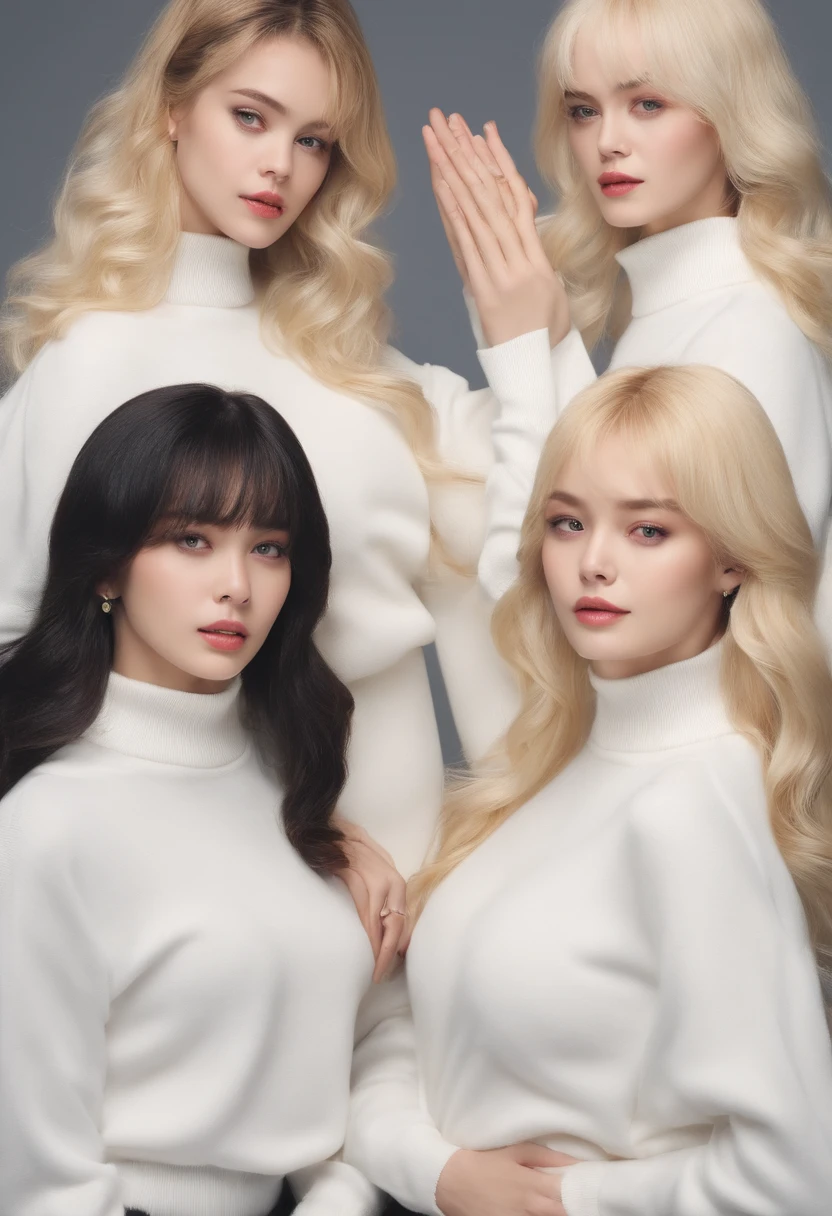 a blond、big breasts、White sweater、quintuplet、clones、same person
