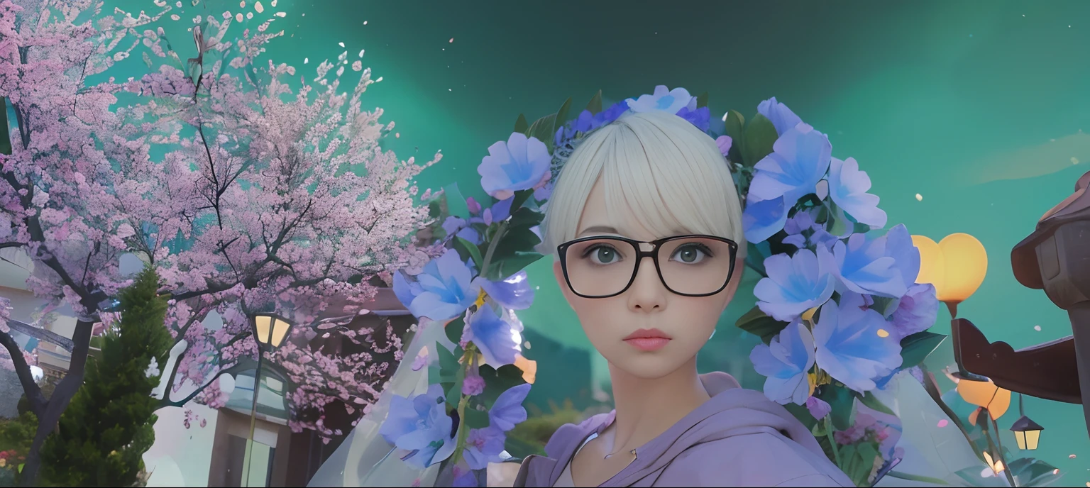 1girl, short hair, lips, glasses, flower, sakura tree, garden, realistic, look at viewer