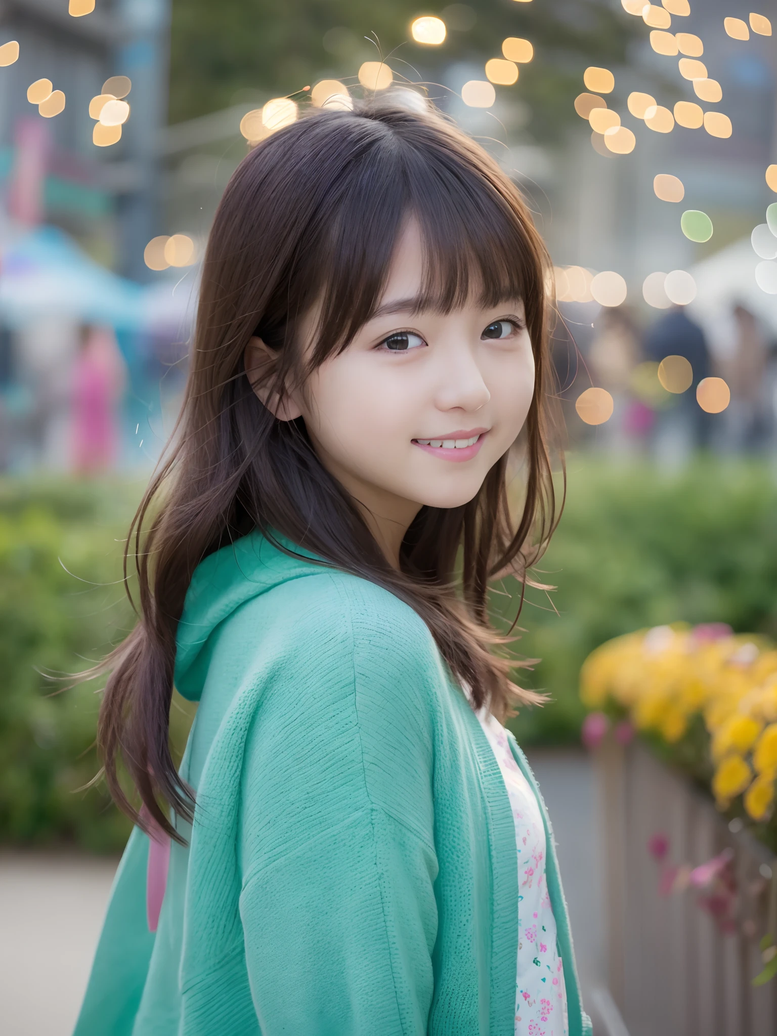 ​masterpiece、top-quality、Very detailed 8k wallpaper、
Cute little girl s、
girlfriend、Casual clothing、a smile、
An amusement park、natta、细致背景、from side、realisitic、Live Action