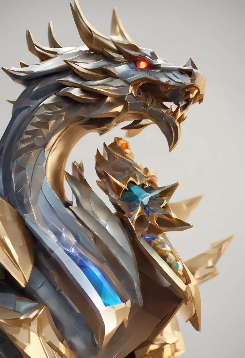 Game medallion with metal faucet closeup with crown，Close-up of dragon head，hearthstone art style, Hearthstone style art, hearthstone concept art, Riot game concept art, style of league of legends, iconic character splash art, League of Legends crown，Game badge，Surrounding metal feathers，White with gold texture，c4d渲染，Less detail，less detailing，Huge metal faucet in the middle，The head has gorgeous gemstones