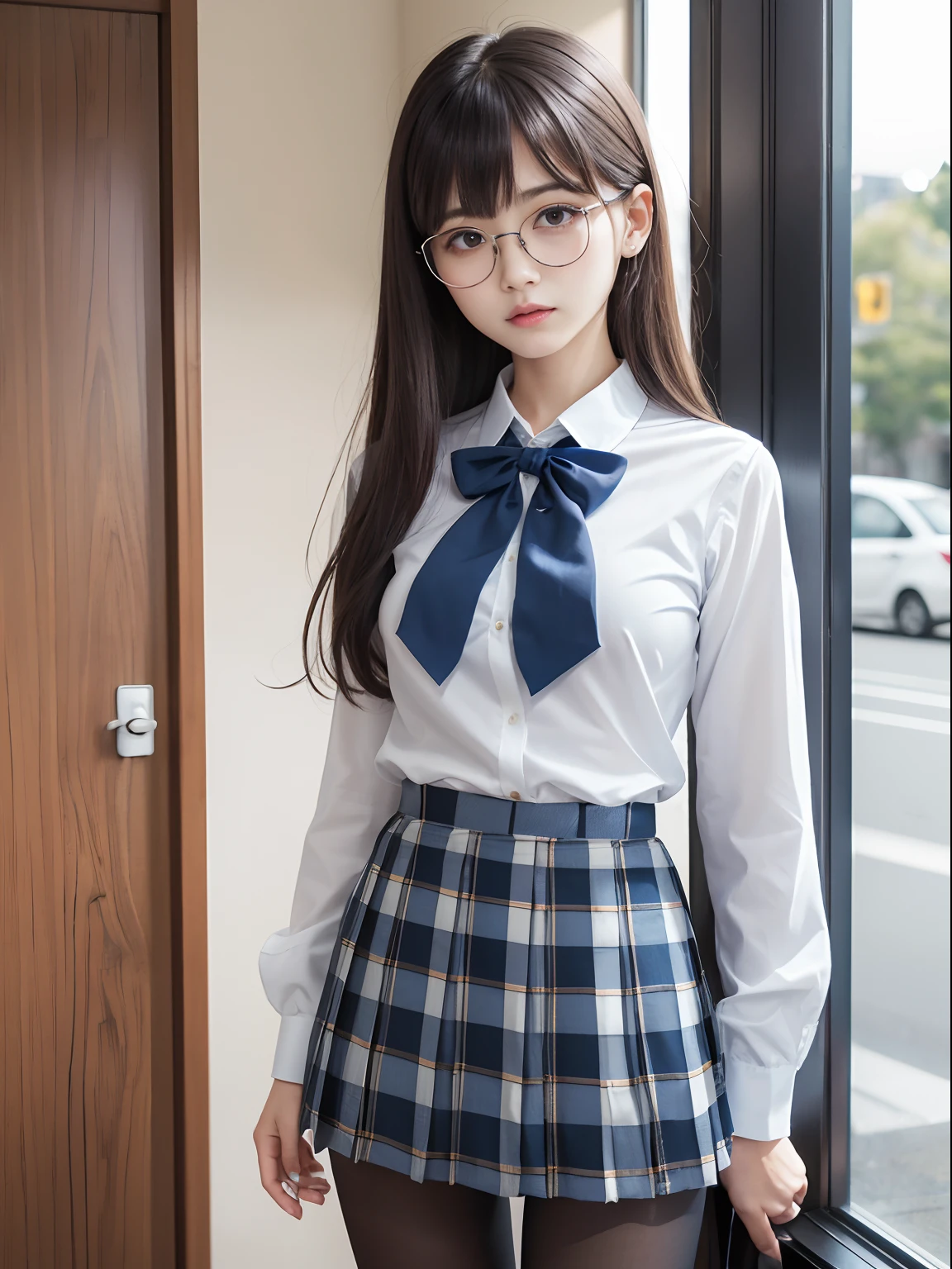 (8K、Raw photography、top-quality、masterpiece:1.2),absurderes,a small face,small tits,flat breast,Parting the bangs from the middle、Forehead visible,(Tight eyes,Bullish,skinny,Rasping,irate)、masterpiece,top-quality、超A high resolution,Raw photo,ren,Beautiful fece,One Person, 独奏,eye glass,,Dark look,Small breasts,fullllbody,Round glasses、cute little、A Japanese Lady,is standing,(Tight eyes,Bullish,skinny,Rasping,irate,small tits,flat breast)、(Photorealsitic:1.37)、Photon mapping,Light blue ribbon,Realistic、Cute little face,Brown-eyed、Black socks、(Red bow tie)、Radio City、Physically Based Rendering、Foreground、depth of fields、Blurry background、a picture,The girls、Body, Long legs, Thin leg,Semi-long,(Bangs are visible), hair, s lips, Blue_The eye, nosesoft,White shirt, Navy blue and white plaid pleated skirt, Knees are visible,Sheer clothing,, Thigh, Black cotton socks,Nogizaka Idol, 女優, Japanese ido