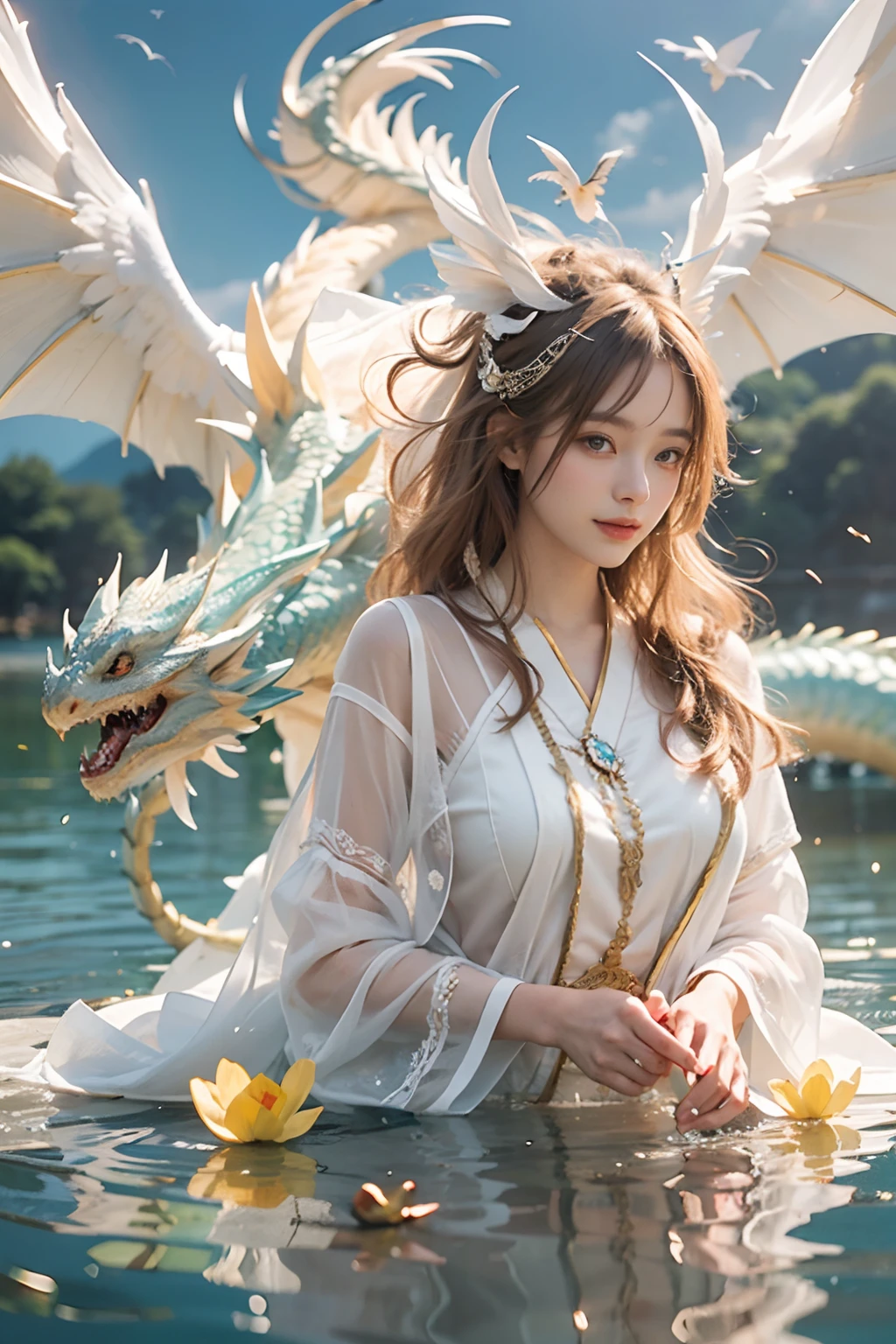 Dragons in Chinese mythology,(Portrait of an angel and a dragon god:1.3,)(Sheer and revealing white fluffy outfit:1.3, ),(Angel with glass wings floating above lake:1.3), (A glass dragon protects angels from behind:1.3),shiny light brown and orange striped hair,,Cute smile,Perfect round face,A cheerful smile that makes the viewer happy,Proper body proportion,masutepiece,Super high-quality output images,hight resolution,Intricate details,Hair fluttering in a very delicate and beautiful wind,photos realistic,Dreamy,Professional Lighting,realistic shadow,Beautiful hands,Beautiful fingers,Detailed finger features,detailed clothes features,Detailed hair features,detailed facial features,