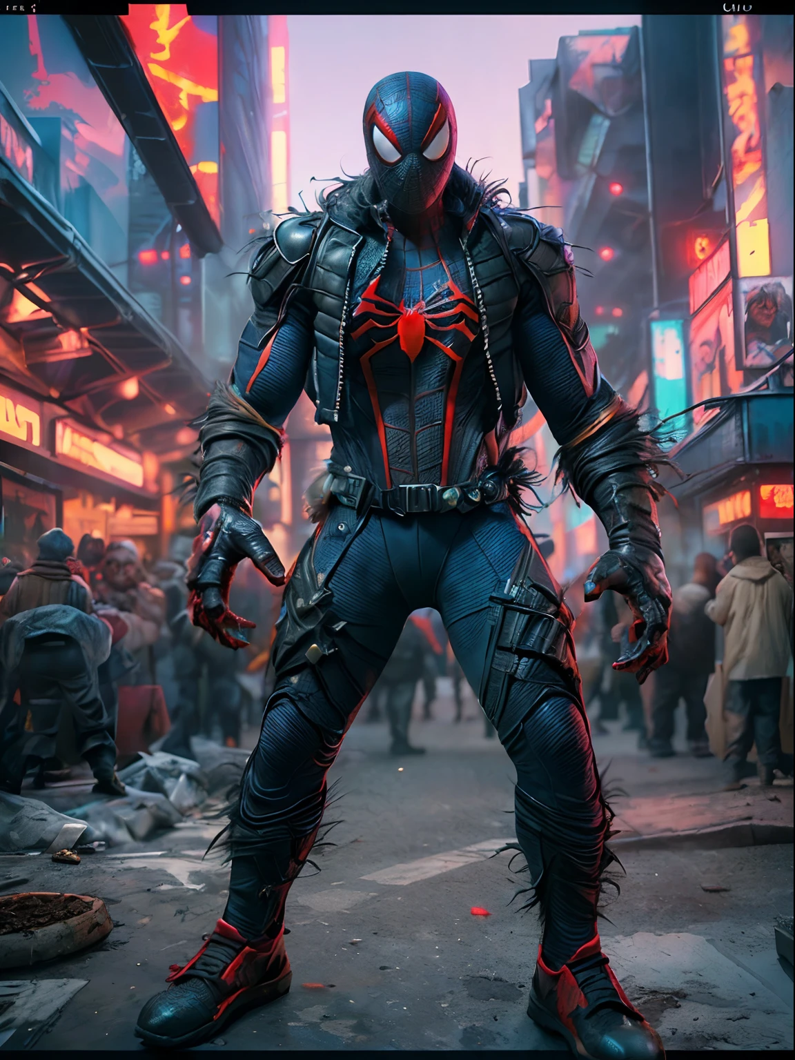 Spider-Man and Variant King Kong combined，Become a zombie,(top-quality、8K、32K、tmasterpiece、NFFSW:1.3)、(hyper HD)、(Photorealsitic:1.4)、RAW photography,Perfect eyes,Charming perfect figure,actionpose:1.2,Detailed cyberpunk fashion、Cyberpunk world,depth of fields,blurred back,、