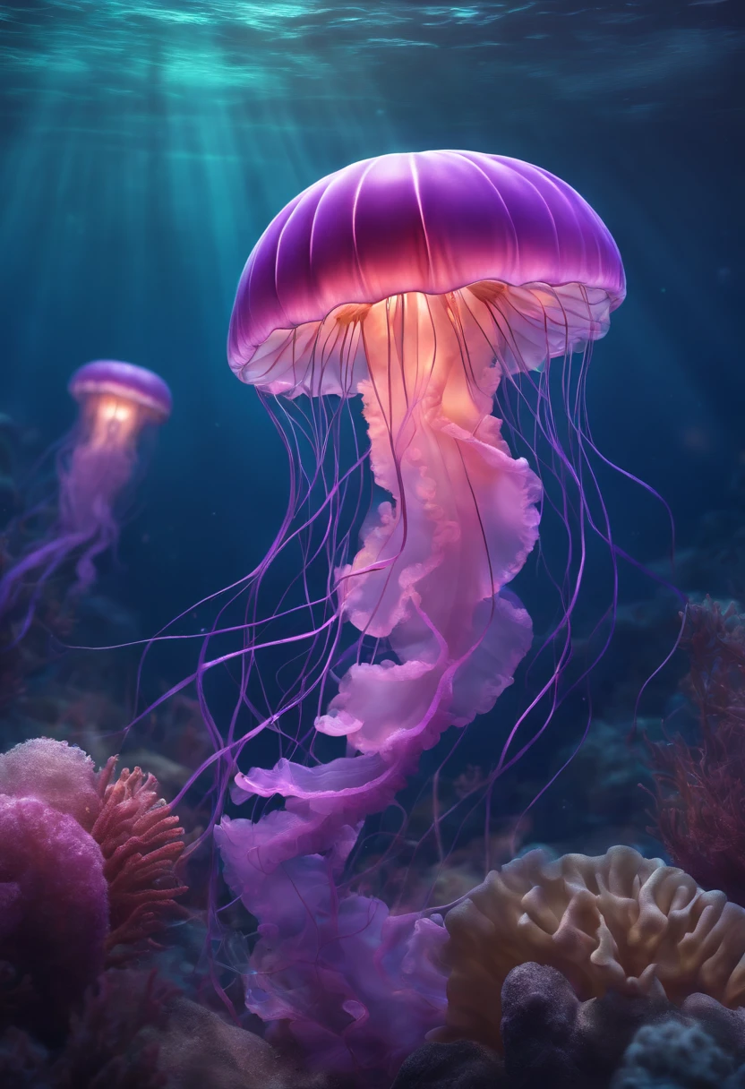 under the water, under the sea, purple, pink, jellyfish, jellyfish swimming, (illustration: 1.0), epic composition, realistic lighting, HD details, masterpiece, best quality, (very detailed CG unified 8k wallpaper)