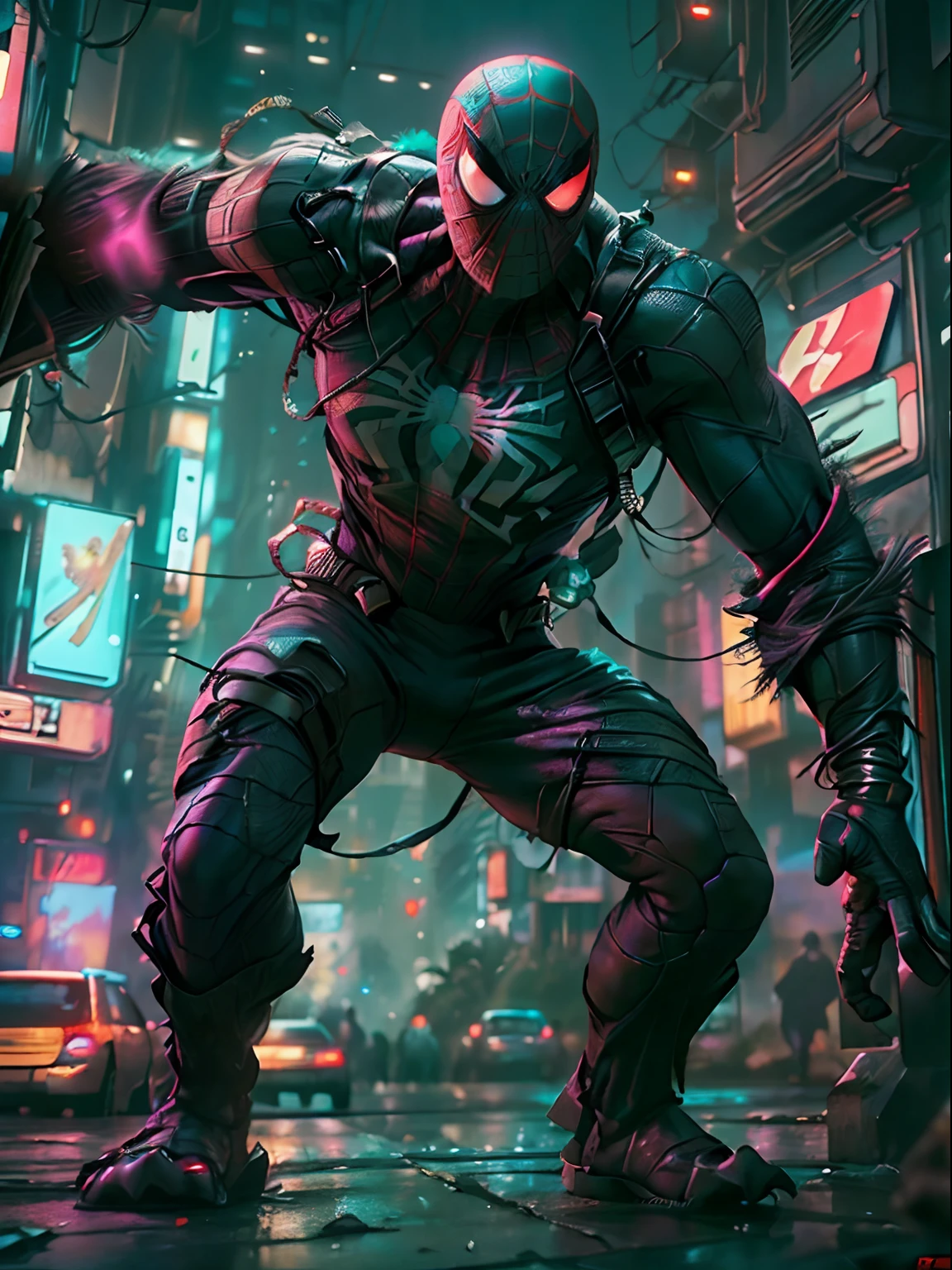Spider-Man and Variant King Kong combined,Become a zombie,(top-quality、8K、32K、tmasterpiece、NFFSW:1.3)、(hyper HD)、(Photorealsitic:1.4)、RAW photography,Perfect eyes,Charming perfect figure,actionpose:1.2,Detailed cyberpunk fashion、Cyberpunk world,depth of fields,blurred back,、