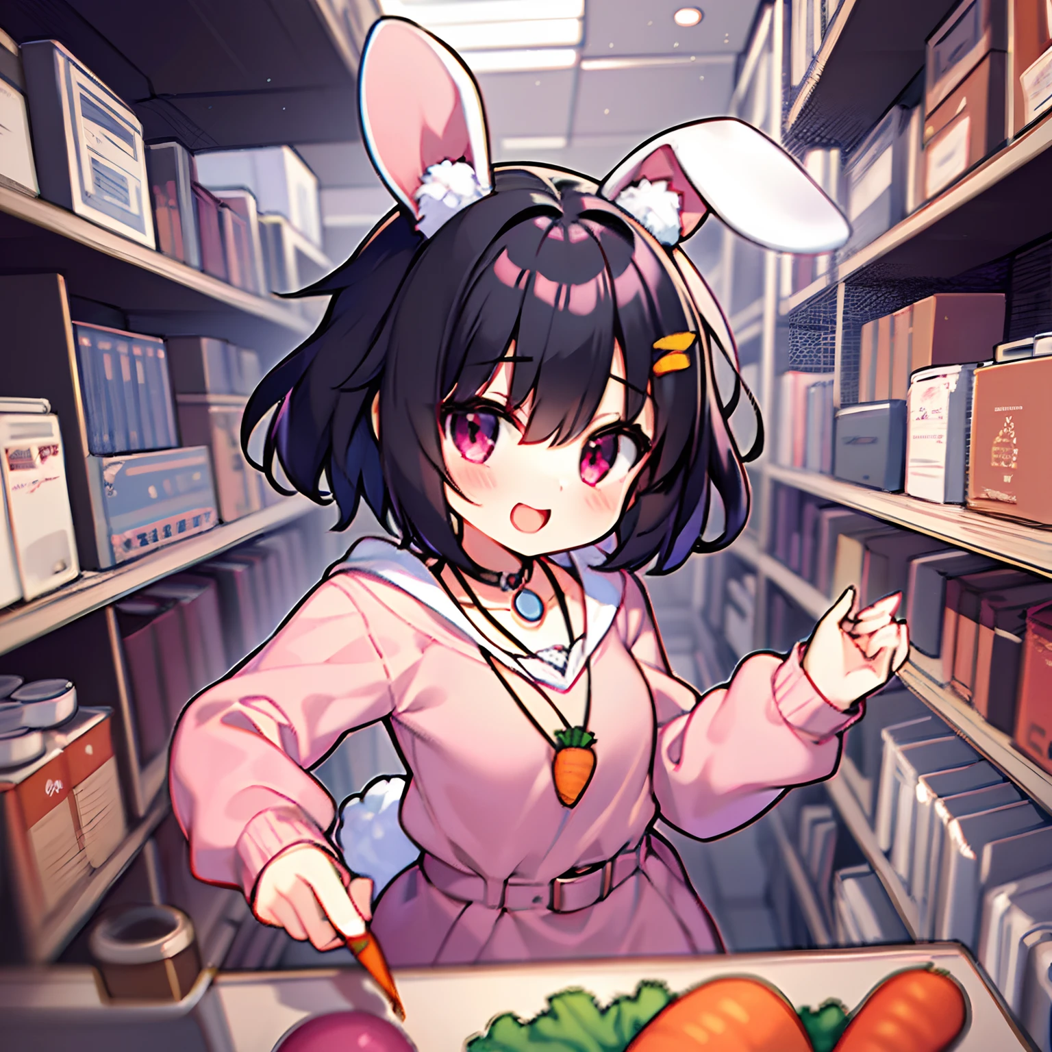 1girl in,Inaba Tewi ,Rabbit Girl,Black hair,Short hair,Pink clothes,Long sleeves,Carrot necklace