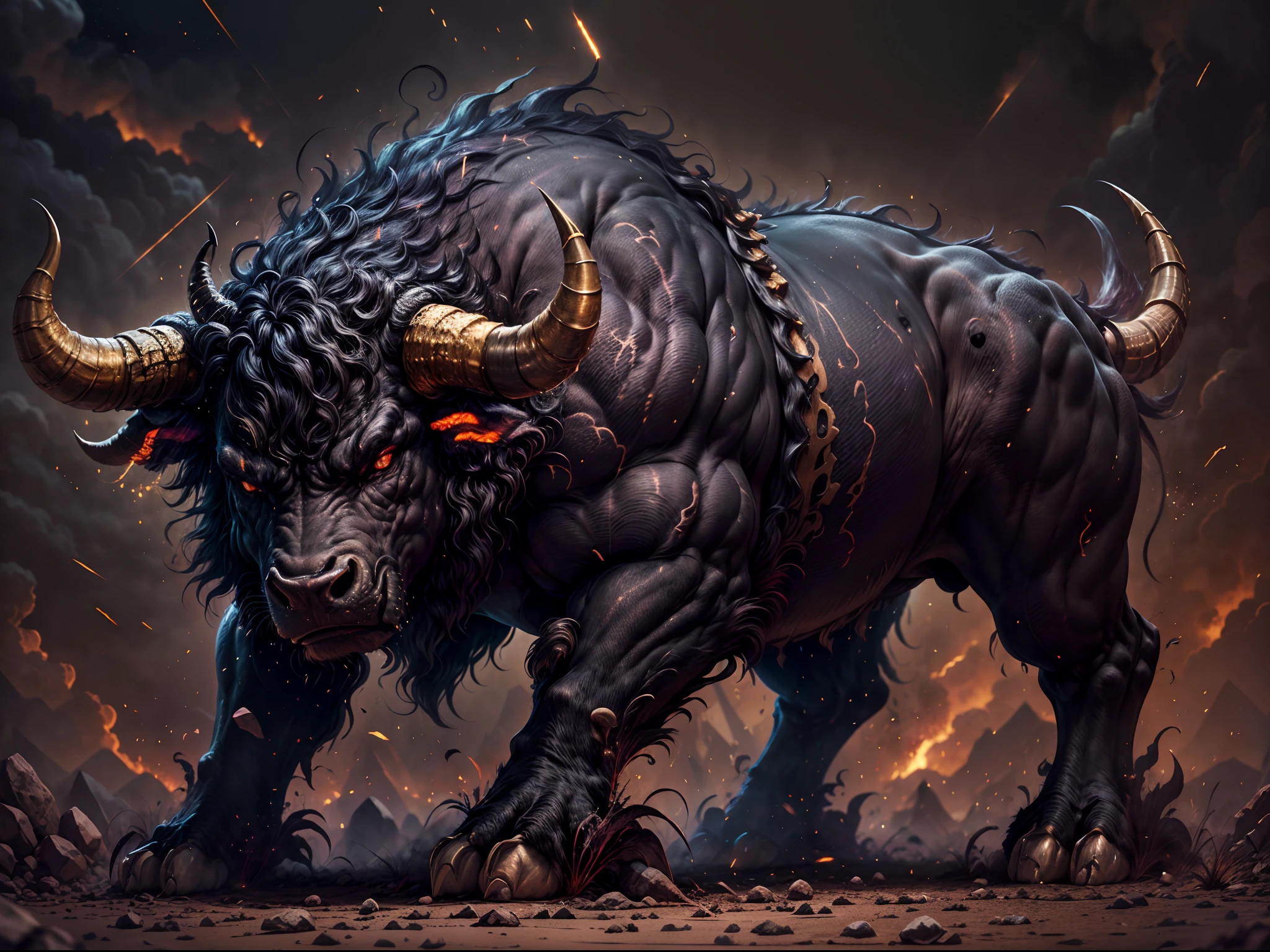 (best quality, highres, masterpiece:1.2), ultra-detailed, realistic:1.37, HDR, studio lighting, extreme detail description, vivid colors, bokeh, (colossal, gigantic, massive) (bull-like, bull-inspired, bull-shaped) monster, (dark, black, ebony) fur-covered body, (sleek, glossy) texture, two (majestic, flowing) tails, (firmly planted, sturdy) on four legs, strong and muscular body structure, sharp spikes (running, piercing) through its back, two (imposing, majestic) horns, (emitting, surrounded by) a dark aura.