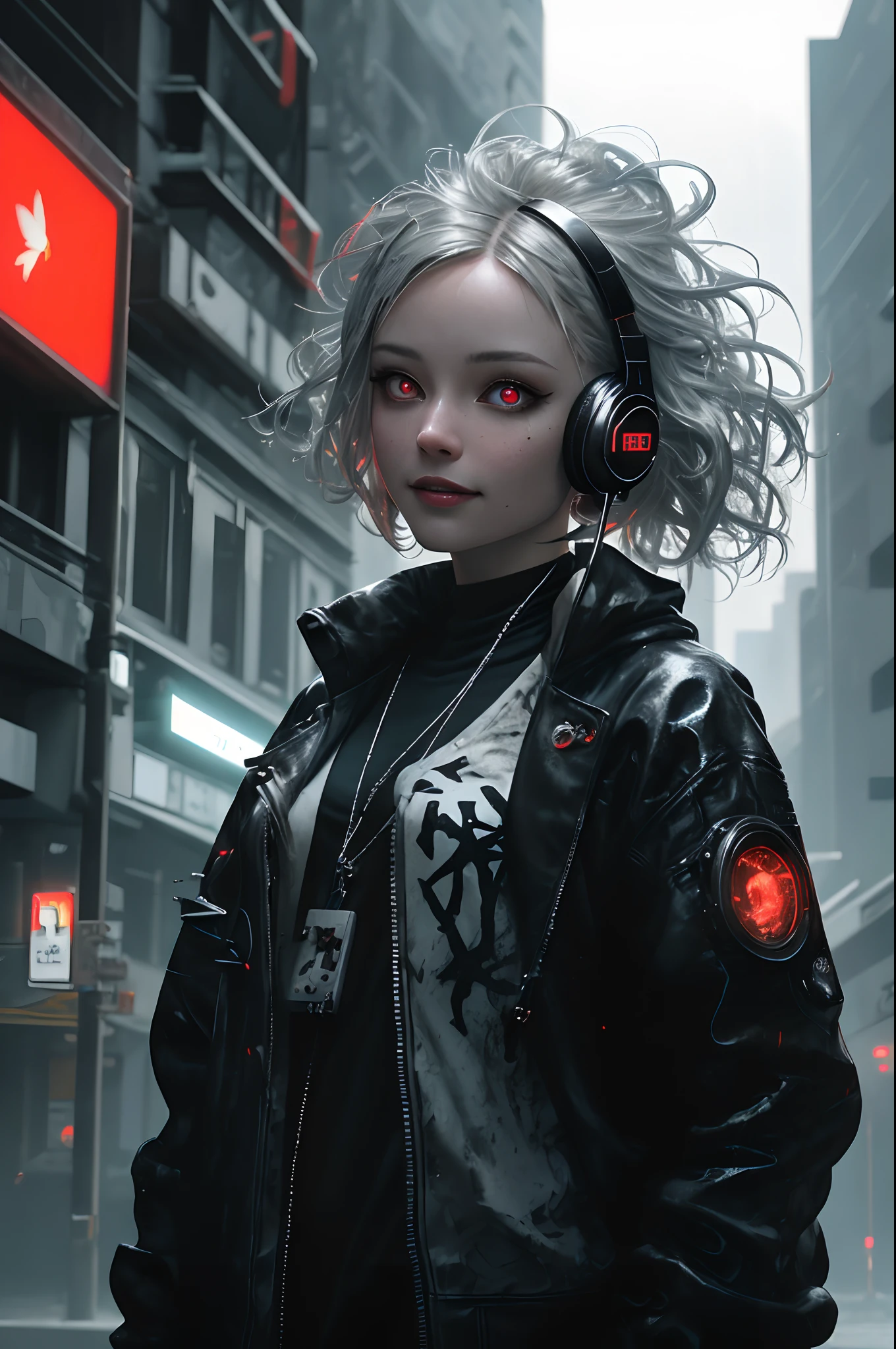 , chromatic abberation, depth of fields, Soft lighting, masutepiece, Best Quality, Convoluted, tone mapped, Highly detailed, art stations, Concept art, Smooth, Sharp Focus, Dramatic Lighting, Highly detailed artwork, Cinematic, painting hyper realistic, Trending on ArtStation, 8K, Incredible shadows, Realistic, (Highly detailed background:1.0), Highly detailed portrait of one girl standing on a street corner, During a storm with lightning strikes and cloudy skies, neon and cyberpunk background, She wears punk clothes with silver chains and silver spikes, She has a butterfly wing hair clip in her wild hair, She wears headphones and a tie, Petite, Detailed glowing red eyes with distinct pupils, Ominous aura halo, Smile, punk, Cyberpunk, Backlighting
