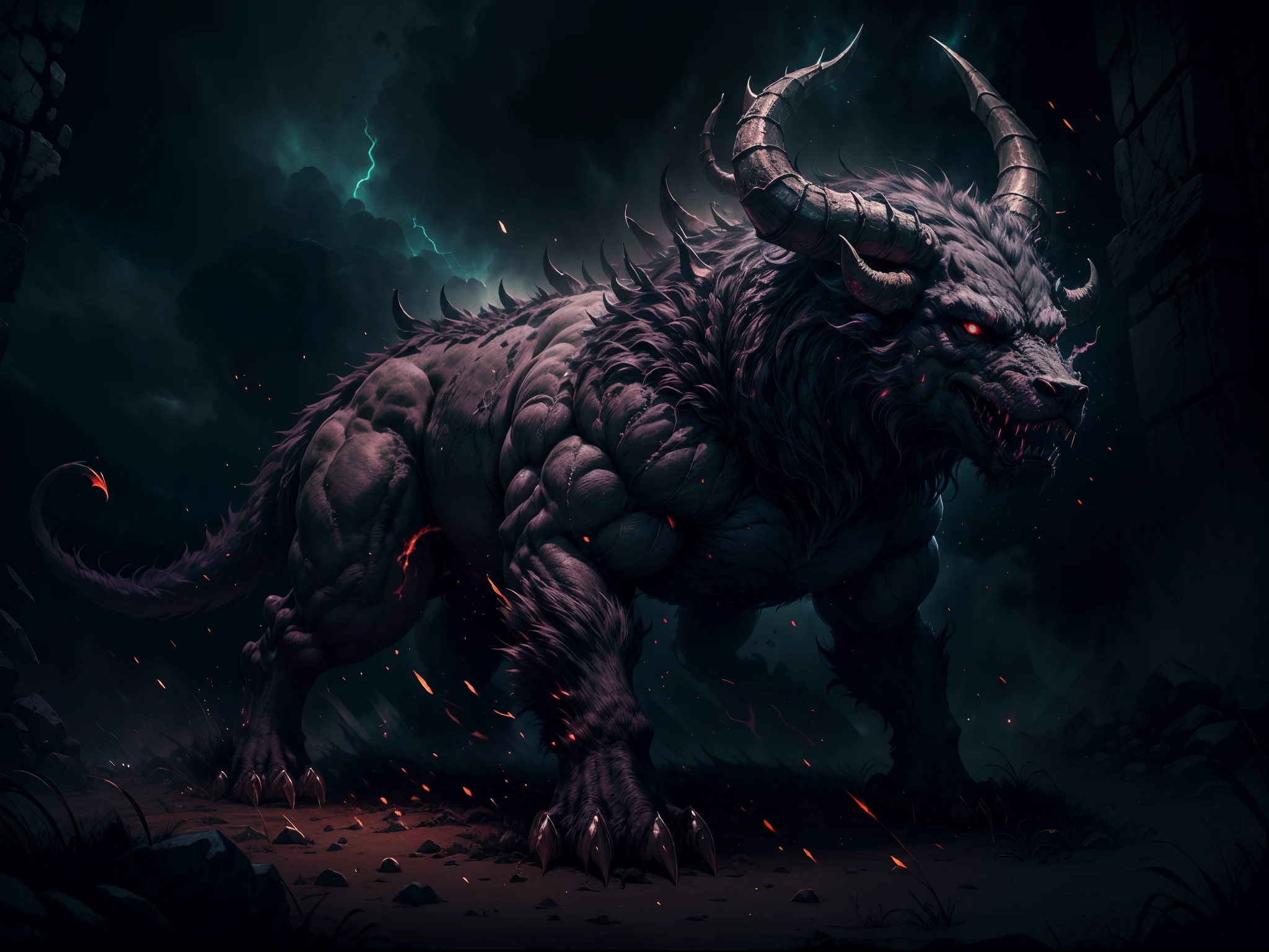 (best quality, highres, ultra-detailed, photorealistic:1.37),bull monster,dark fur-covered body,two tails,four legs,strong and muscular body structure,sharp spikes running through its back,two large and imposing horns,powerful claws and fangs,colossal size,intense and fierce expression,dark aura,ominous atmosphere,menacing presence,shadowy environment,thick and dense fur texture,eerie lighting,majestic and terrifying,mythical creature
