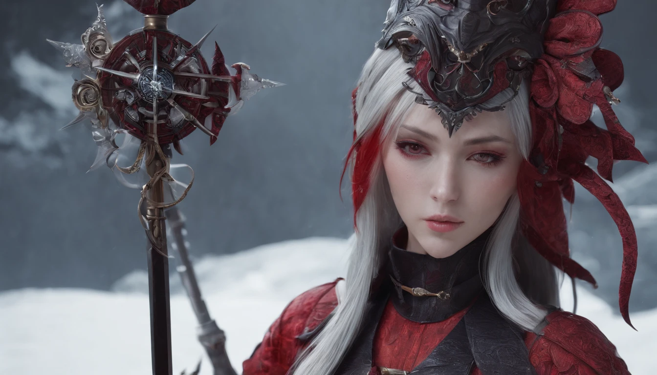 Cirilla Fiona Elen Riannon,Highest image quality,Outstanding details,超高分辨率,(Fidelity:1.4), Favor the details,closeup cleavage,dawn,Snow,winter,Wizard Sword,He has a delicate and beautiful face,Red Japanese oni armor,Raised sexy,frontage,cyber punk perssonage,Futuristic,mechanically aesthetic,Virtual Engine 5,Perfect detail rendering,rendering by octane,hyper HD