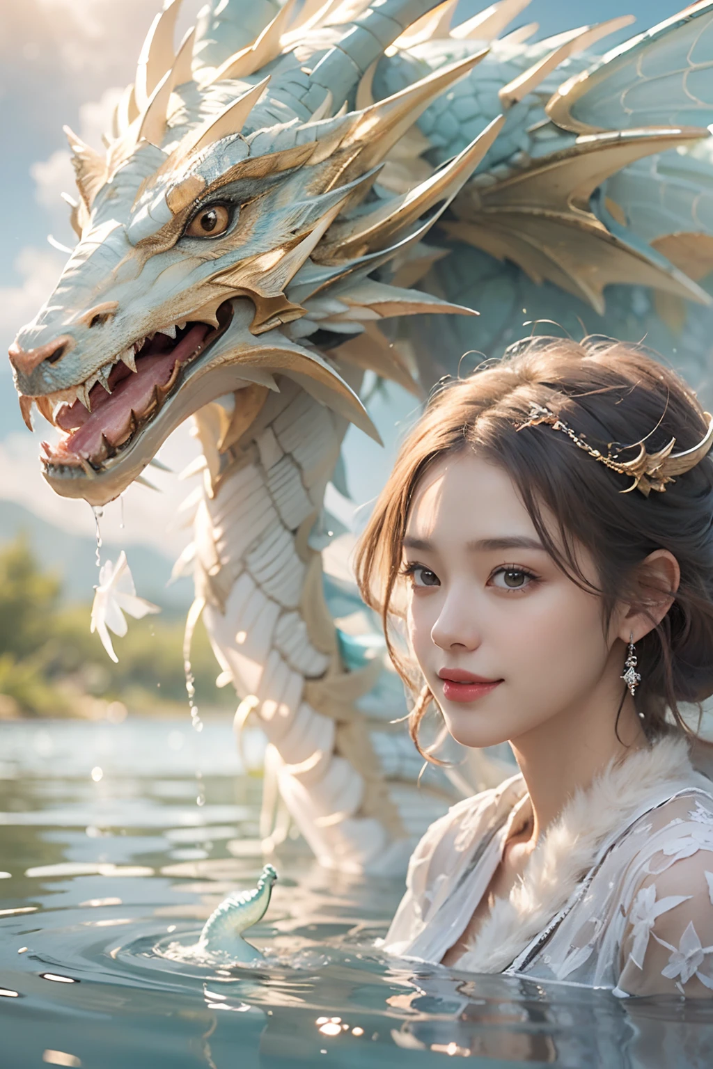 Dragons in Chinese mythology,(Portrait of an angel and a dragon god:1.3,)(Sheer and revealing white fluffy outfit:1.3, ),(Angel with glass wings floating above lake:1.3), (A glass dragon protects angels from behind:1.3),shiny light brown and orange striped hair,,Cute smile,Perfect round face,A cheerful smile that makes the viewer happy,Proper body proportion,masutepiece,Super high-quality output images,hight resolution,Intricate details,Hair fluttering in a very delicate and beautiful wind,photos realistic,Dreamy,Professional Lighting,realistic shadow,Beautiful hands,Beautiful fingers,Detailed finger features,detailed clothes features,Detailed hair features,detailed facial features,