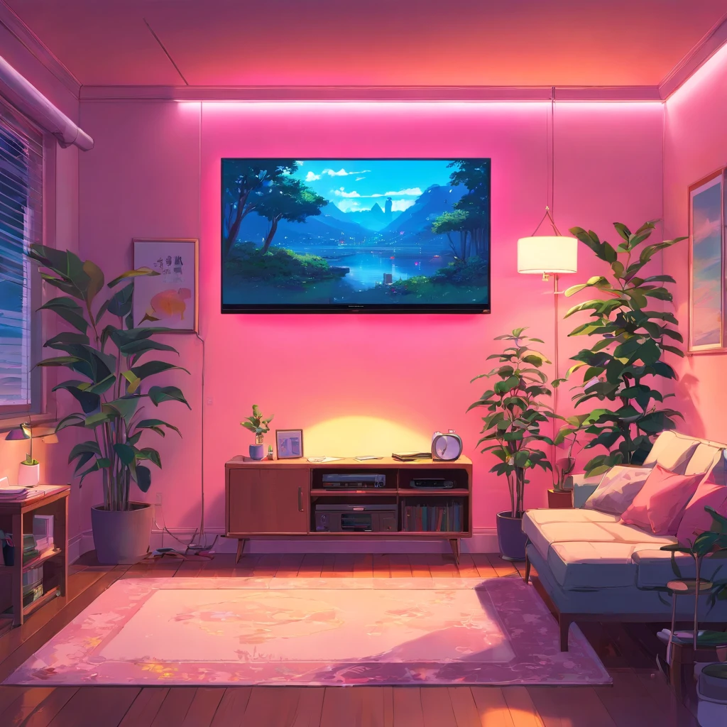 large cozy neon pink living room with big tv screen and tree plants