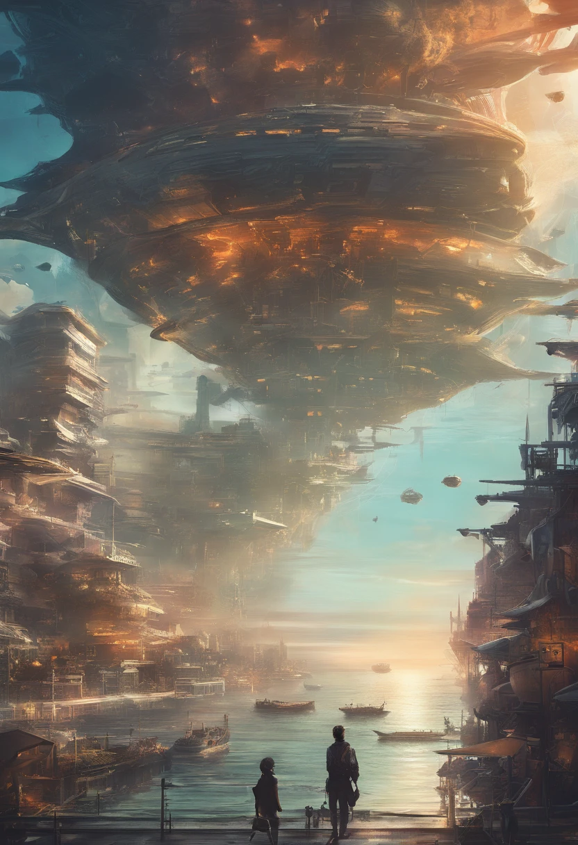 Ocean City，sense of science and technology，Future City，There are spaceships in the sky，There are giant ships in the sea，Beautiful woman overlooking the city。