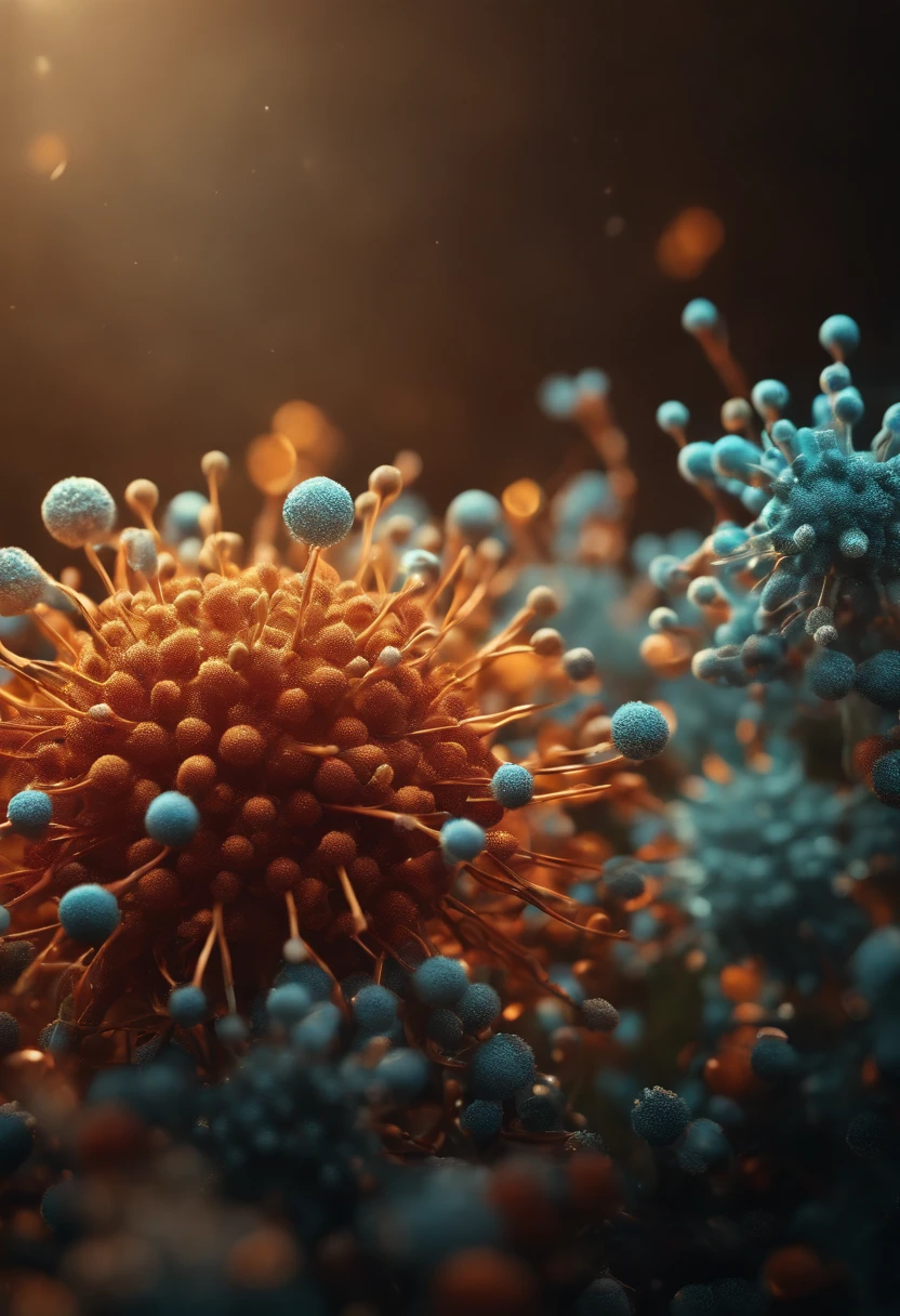 3D rendering of immune system molecules、Shallow depth of field、High contrast and brightness、Photos taken with the Sony A7S III camera、film like、Magnificent、high sharpness、Ultra-realistic 8K、Millions of small details、Blockbuster action movie LUT like a movie applied to an image