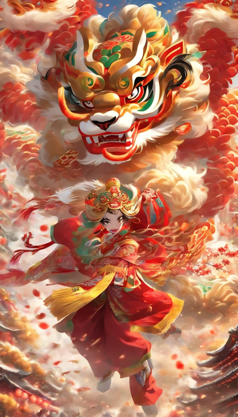 Cantonese traditional culture, China，1girll，lion dance，Awaken the lion，characteristic，The facial features are delicate and beautiful，The black and red lion head is worn on the head，Dance with a lion's head in both hands，jubilation，