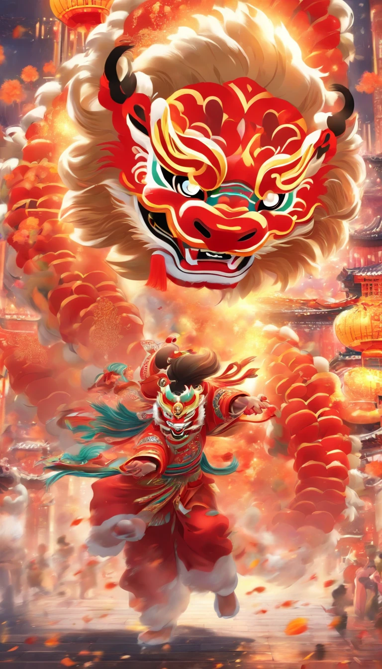 Cantonese traditional culture, China,1girll,lion dance,Awaken the lion,characteristic,The facial features are delicate and beautiful,The black and red lion head is worn on the head,Dance with a lion's head in both hands,jubilation,