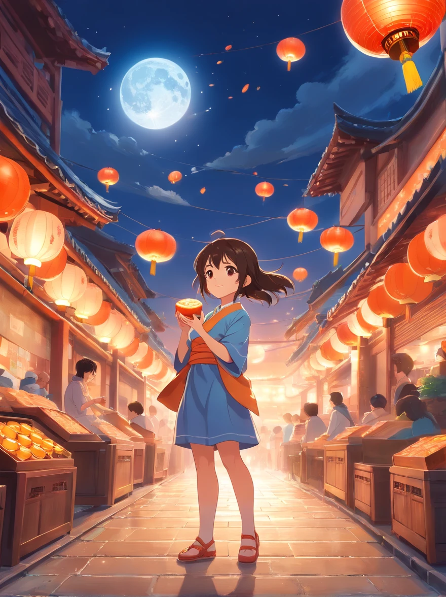 Mid-Autumn Festival, Cute little girl s，Mooncakes in your hands，Wear ancient costumes, Rabbit playing around girl, Auspicious clouds, Behind the huge moon, Warm colors, Abstract imagery, ultra-realistic realism, Pixar style, 3d effect, Disney style, Clear edge light, rim-light, fantasy, spotlight, 8K
