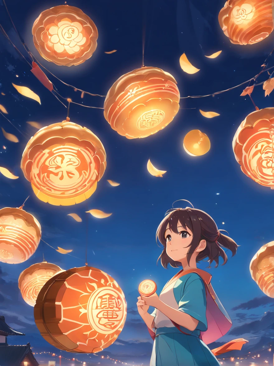 Mid-Autumn Festival, s,Mooncakes in your hands,Wear ancient costumes, Rabbit playing around girl, Auspicious clouds, Behind the huge moon, Warm colors, Abstract imagery, ultra-realistic realism, Pixar style, 3d effect, Disney style, Clear edge light, rim-light, fantasy, spotlight, 8K