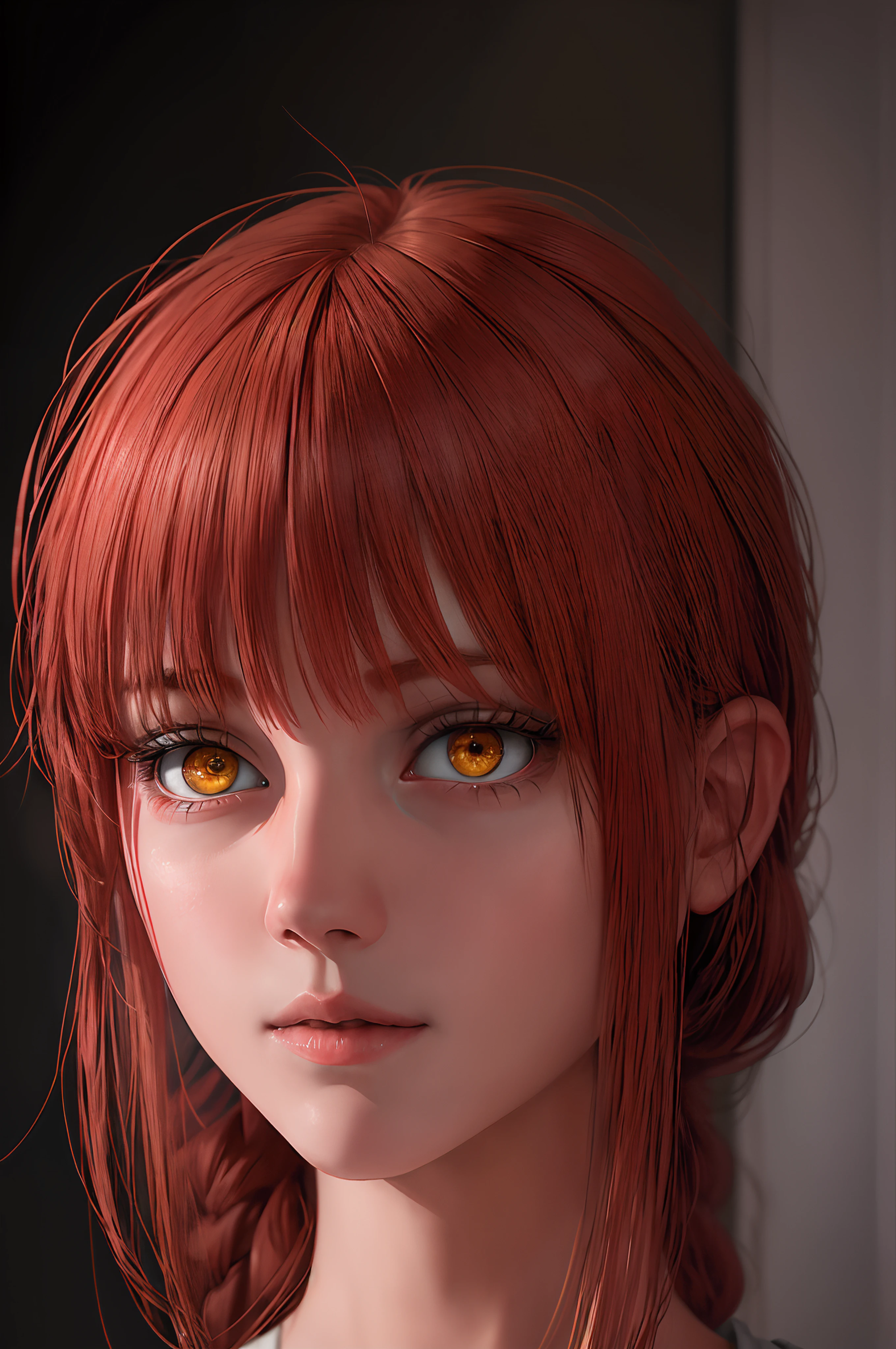 girl with, star eye, blush, Perfect Illumination, Red hair, Red Eyes, , side lights, Detailed face, Bangs, bright skin, Simple background, Dark background,Makima,,red pupils,A slight smil,beautiful round eyes,Red pupil,Yellow eyes,Beautifully trimmed hair,Photorealsitic,超A high resolution,Round eyeballs,top-quality,Digital SLR,Beautiful detailed eyes,Beautiful hair