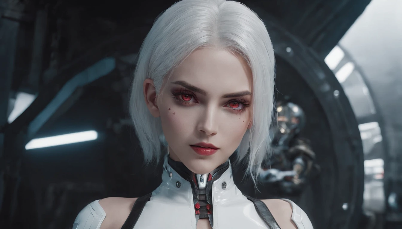 Cirilla Fiona Elen Riannon,Highest image quality,Outstanding details,超高分辨率,(Fidelity:1.4),The best illustration,Favor the details,closeup cleavage,A mech girl,He has a delicate and beautiful face,((Red and white semi-mechanical body:1.8)),Raised sexy,cleavage,onbed,frontage,cyber punk perssonage,Futuristic,mechanically aesthetic,Complex machinery,The background is a high-tech lighting scene in the future city,Virtual Engine 5,Perfect detail rendering,rendering by octane,hyper HD