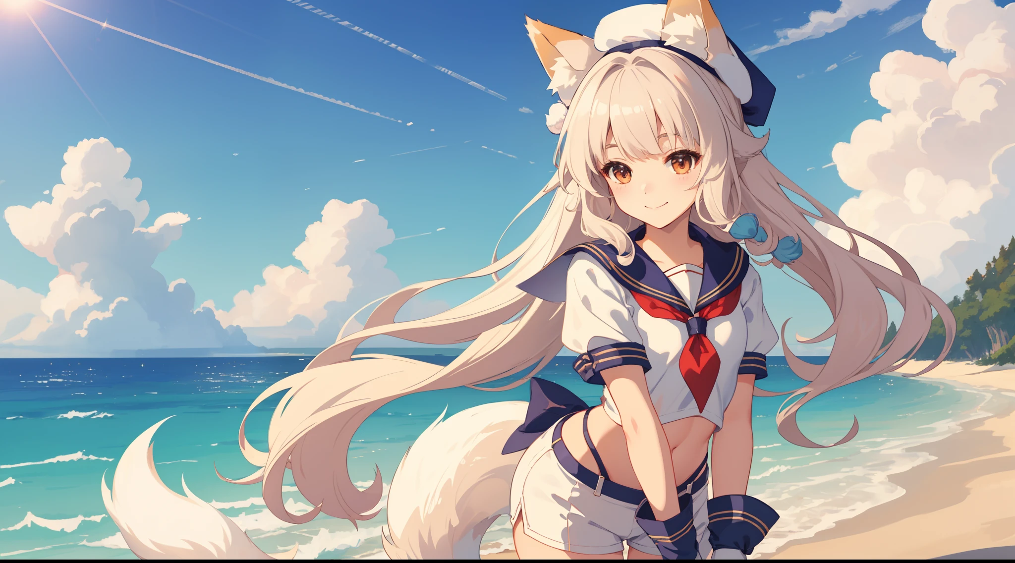 background image,far view,8k,Solo,fox boy,flat chest,wearing fantasy sailor uniform,short white pants,big wool cap on head,flop down fox ears,short and feminine body,short fluffy and wavy brunette hair,wry smile,thick tighs,shore, port, sea.