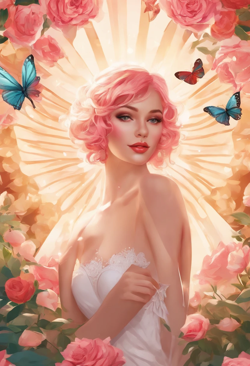 (Masterpiece - Ultra-Detailed, High Resolution) Prepare to be enchanted by a true masterpiece that combines ultra-detailed art with high-resolution rendering. This work shows a mesmerizing woman, with short, light blonde hair, 1950s style, Marilyn Monroe (1.3) and captivating brown eyes (1.2), New York illustration style, wearing red lipstick, emanating an aura of elegance and mystery. Wearing classic 1950s clothing. sexy. Intricate details and realistic textures invite you to explore every aspect of this enchanting composition. Transparent white dress. Laying in the bed. backwadrs, Looking back. Very sexy, with chin resting on shoulder. Get ready to dive into a world where beauty and craftsmanship merge perfectly.