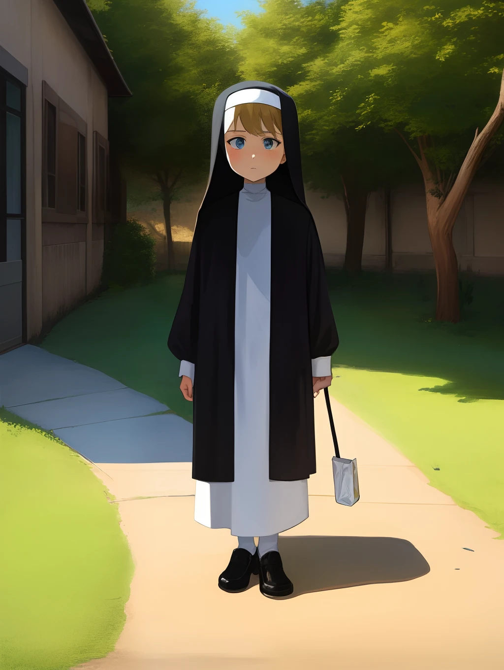 a 10 years old boy standing in the ground holding his 5 years old little sister covering in the mudin the background their is an orphanage with a nun and some childrens of orphanage anime