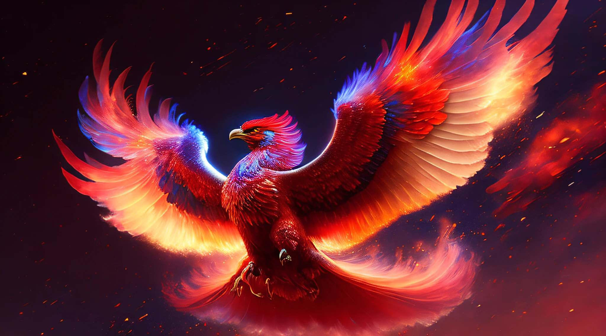 Majestic Phoenix in Flight:
A magnificent phoenix soaring high in the sky with fiery feathers ablaze.