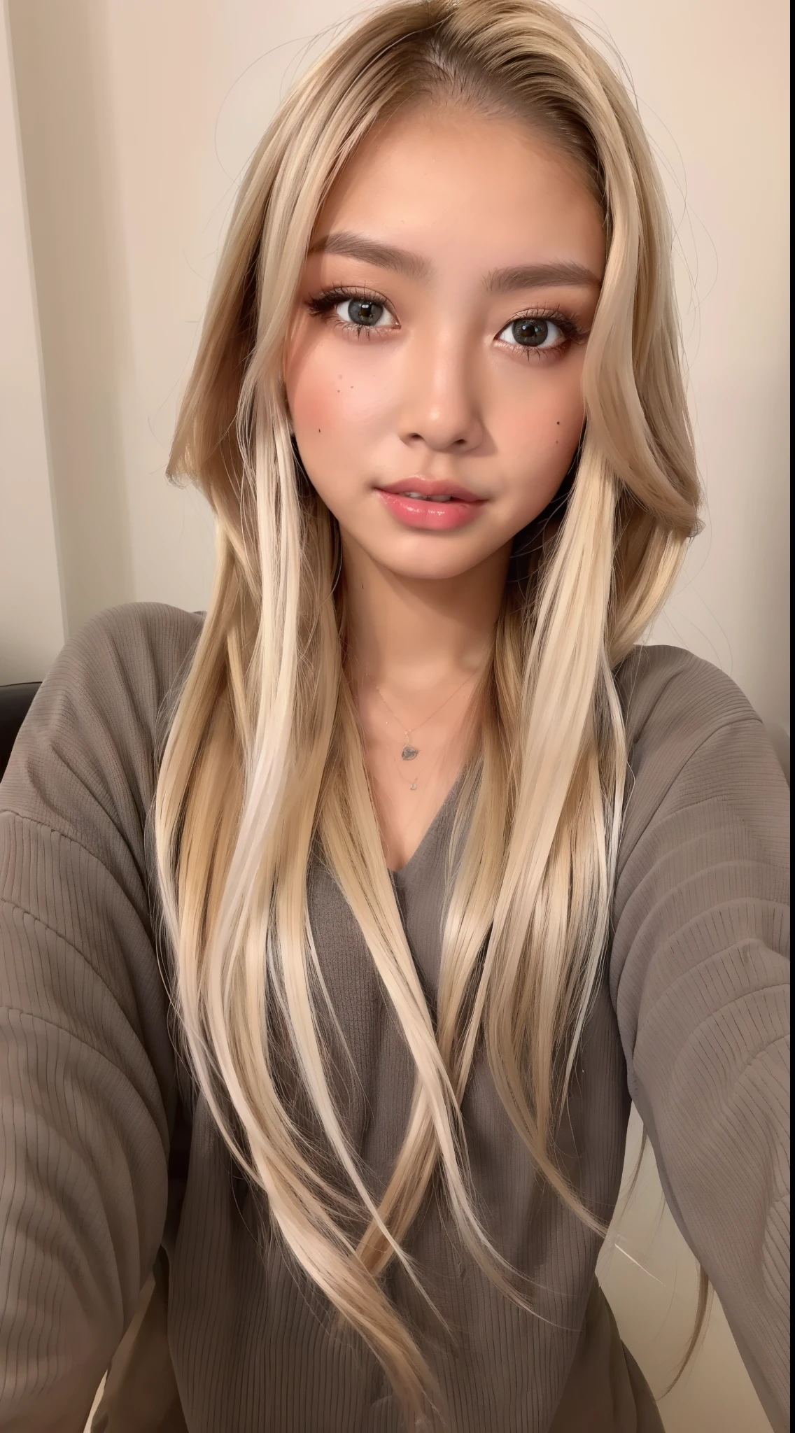 a Close up of a woman with long blonde hair laying on a bed, Lalisa Manobal, Parque Roseanne do Blackpink, Lalisa Manoban do Blackpink, longos cabelos brancos e franja, com franja, com franja completa, long hair com franja completa, Cl, long hair com franja, portrait of jossi do blackpink, jossi do blackpink