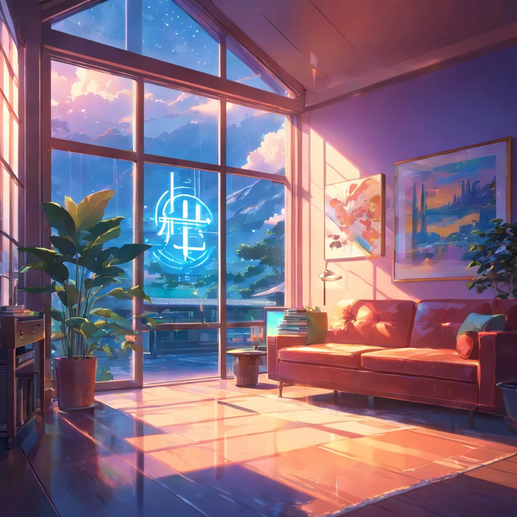 luxurious futurisitic inside neon house living room with glass window