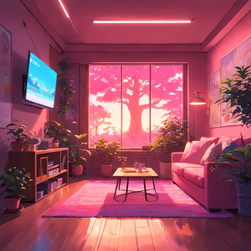 large cozy neon pink living room with big tv screen and tree plants