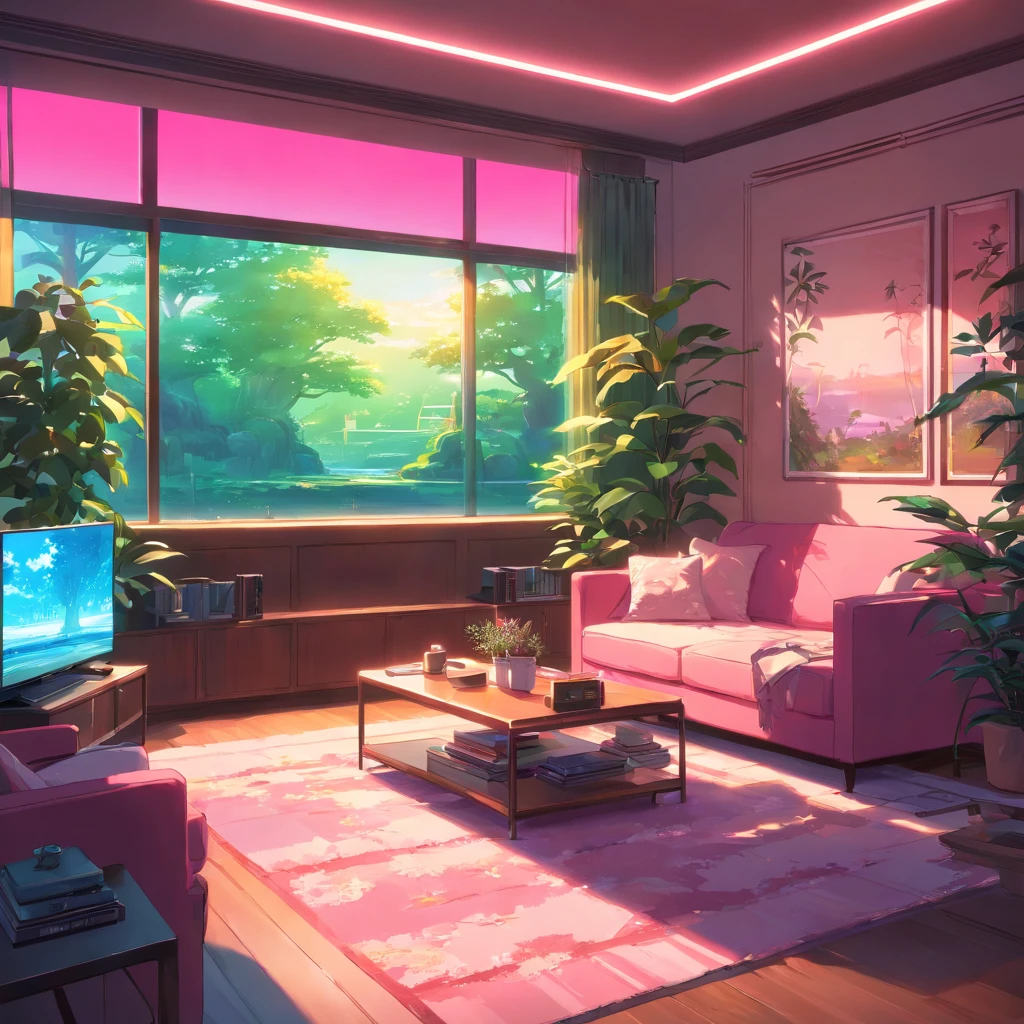 large cozy neon pink living room with big tv screen and tree plants