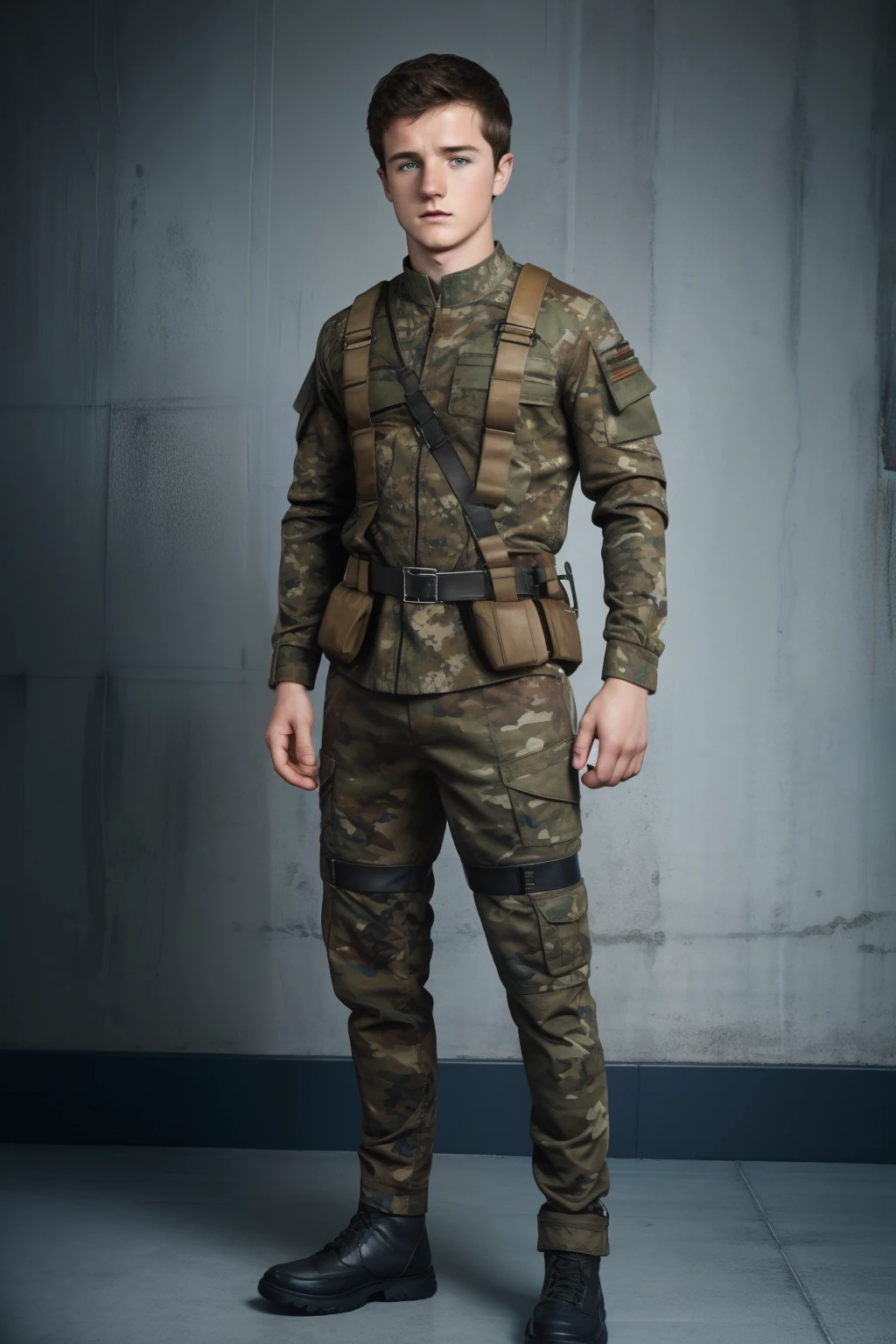 Young male, Josh Hutcherson, teenage, caucassian masculine square face, best quality, harness, full body view, camo armour