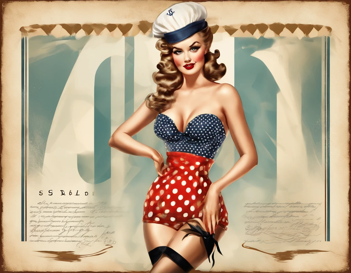 Retro vintage art print, poster of a sexy, glamorous pin-up girl wearing a sailors hat, bikini and polka dot stockings