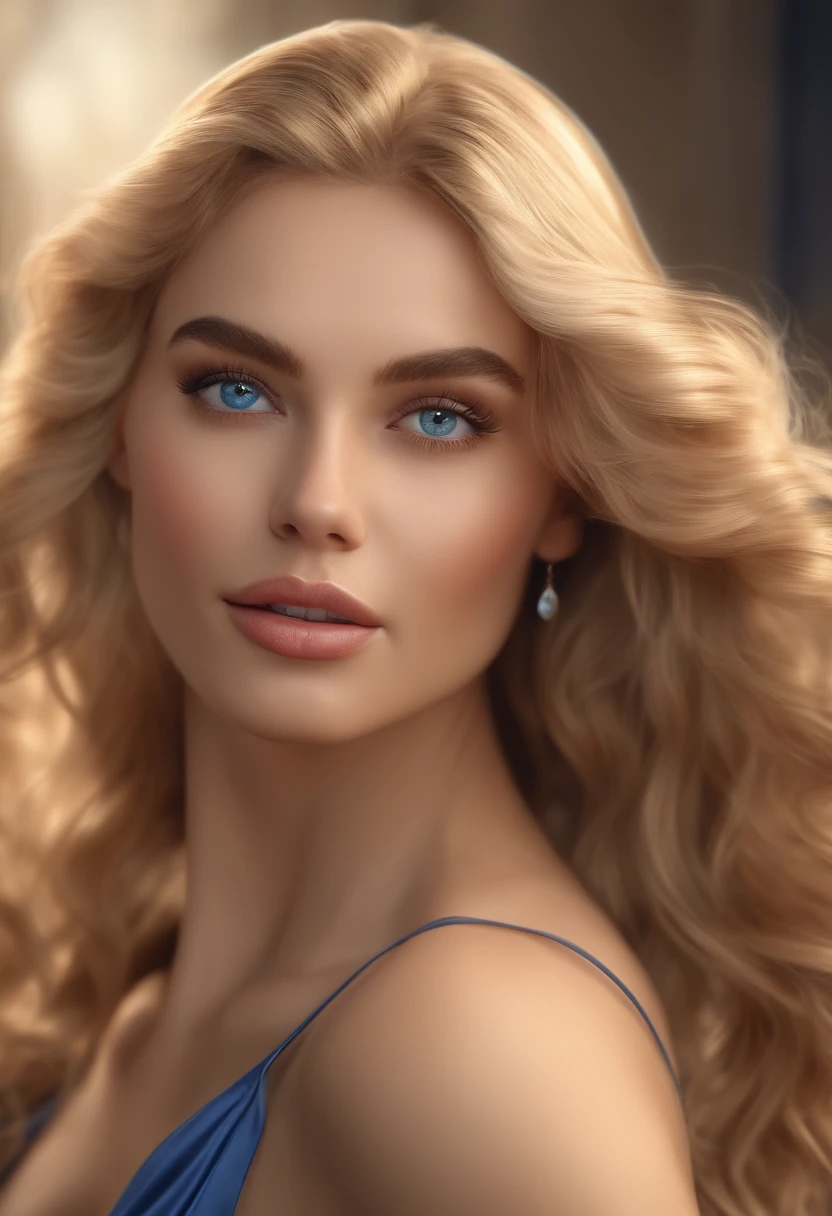 (best quality,4k,8k,highres,masterpiece:1.2),ultra-detailed,(realistic,photorealistic,photo-realistic:1.37),beautiful detailed eyes,wavy golden blonde hair,long eyelashes,blue eyes,attractive,wearing elegant lingerie,standing confidently.