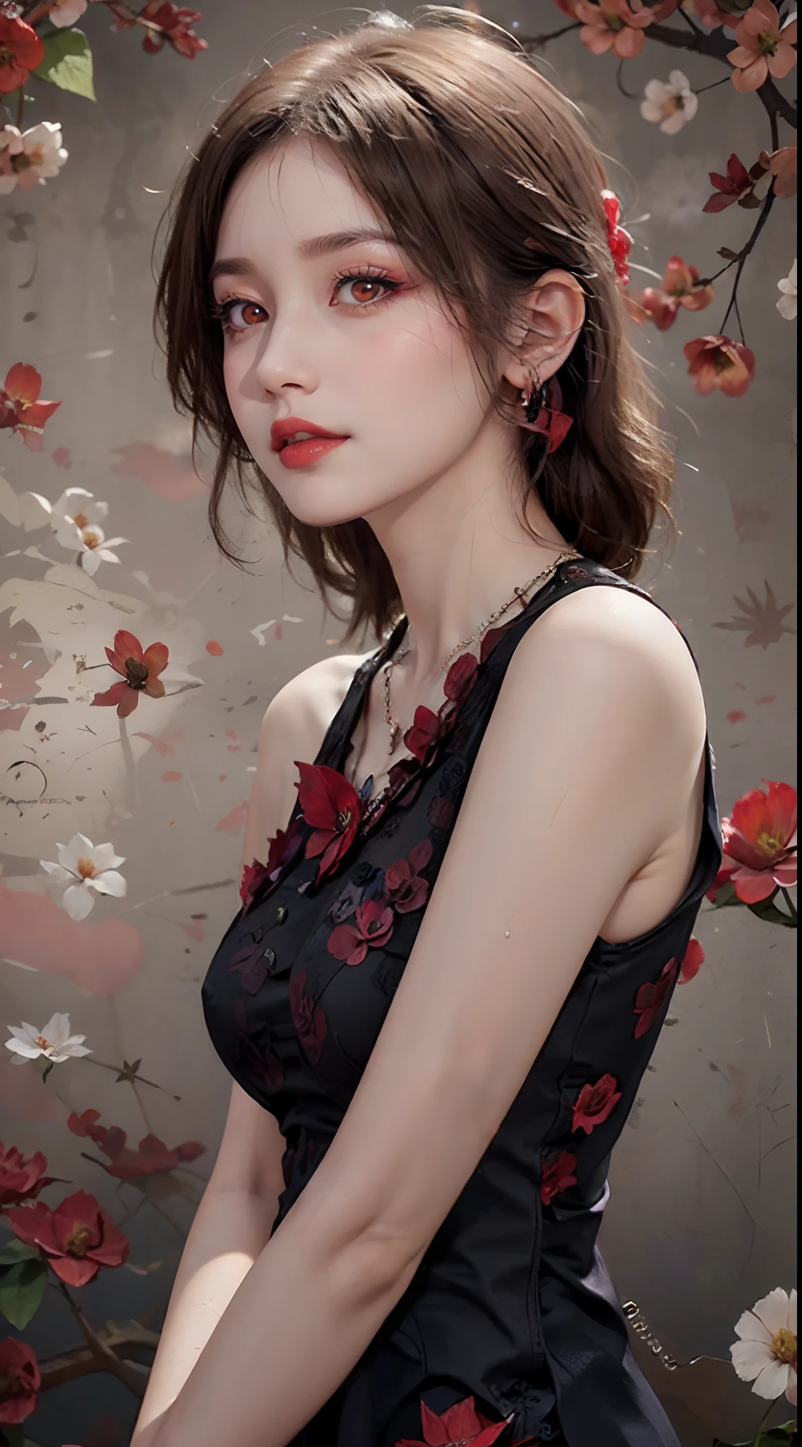 1 beautiful and attractive 20 year old girl, ((wearing an ultra-thin red dress with diamonds: 1.8)), ((long platinum hair: 1.8)), bangs, elaborate jewelry made from precious stones and pretty bangs, ((wearing a black lace necklace:1.4)), noble, aristocratic style of an extremely beautiful girl, super cute little face, very pretty face, thin eyebrows , beautiful face, flawless, ((black eye pupils: 0.8)), very pleasing to the eye, ((light red eyes: 1.5)), beautiful makeup and hair, detailed eyelashes, makeup wet eyes, high nose, earrings, red lips, ((closed mouth: 1.5)) beautiful lips, slim hands, most beautiful thighs, rosy face, clean face, flawless beautiful face, fair skin smooth white skin, ((big breasts: 1.5)), ((high breasts: 1.6)), firm breasts, nice cleavage, ((super round breasts: 1.5)), ((super tight breasts: 1.8)), beautiful breasts, ((stretch: 1.6)), beautiful breasts, thin black mesh stockings with black lace trim, perfect body, 8k photo, super high quality, super realistic, super 10x pixels, research optics, projection studio lighting, edge lighting, dual-tone lighting, (high-detail skin: 1.2), super 8k, soft lighting, high quality, volumetric lighting, optical, high-resolution optical, brilliant light, best photo, 4k, 8k quality, blur effect, smooth sharpness, 10 x pixels, ((red flower background:1.7)), aurora, lightning, super realistic graphics realistic, most original realistic drawing, alone, solo, extremely sharp, surreal image, upper body of girl , (((frontal portrait: 1.8)))."