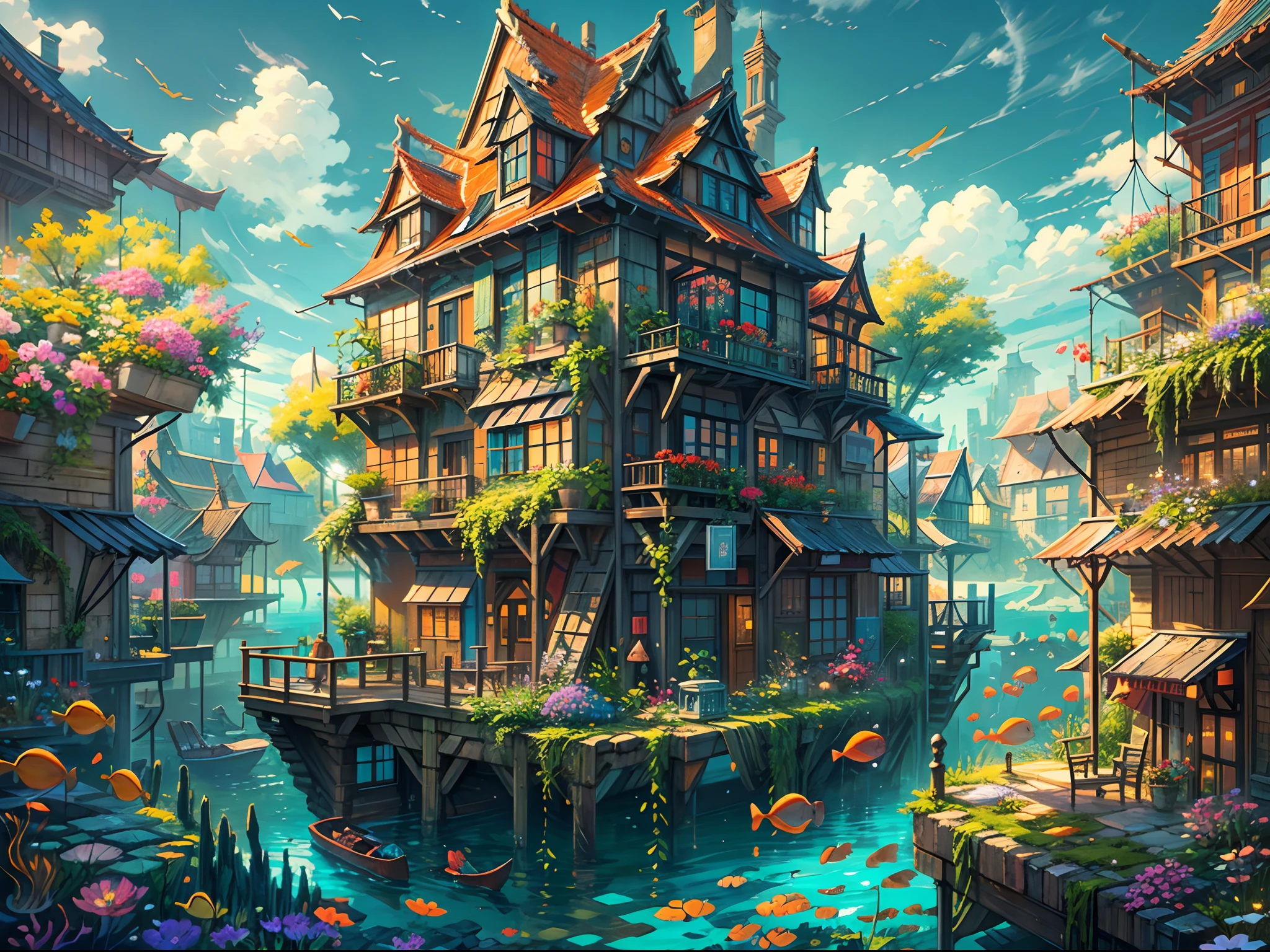 Color (Fantasy: 1.2), (Hayao Miyazaki style), (irregular building floating in the sea), patchwork cottages, flower decorations, lights, concept art inspired by Andreas Rocha, Artstation contest winner, Fantasy art, (underwater city), ross tran, light shafts, realistic lighting, masterpiece, high quality, beautiful graphics, high detail, masterpiece, high quality, beautiful graphics, high detail, --v6