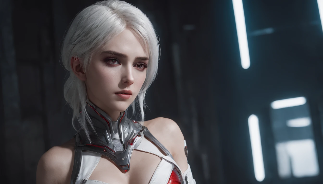 Cirilla Fiona Elen Riannon,Highest image quality,Outstanding details,超高分辨率,(Fidelity:1.4),The best illustration,Favor the details,closeup cleavage,A mech girl,He has a delicate and beautiful face,((Red and white semi-mechanical body:1.8)),Raised sexy,cleavage,onbed,frontage,cyber punk perssonage,Futuristic,mechanically aesthetic,Complex machinery,The background is a high-tech lighting scene in the future city,Virtual Engine 5,Perfect detail rendering,rendering by octane,hyper HD