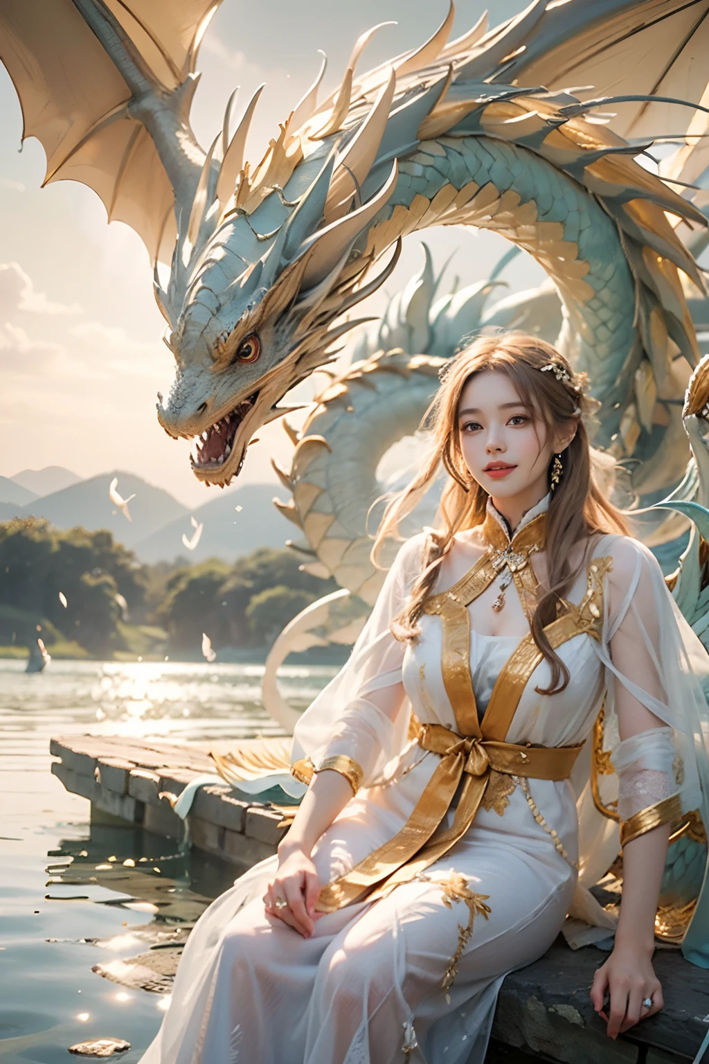 Dragons in Chinese mythology,(Portrait of an angel and a dragon god:1.3,)(Sheer and revealing white fluffy outfit:1.3, ),(Angel with glass wings floating above lake:1.3), (A glass dragon protects angels from behind:1.3),shiny light brown and white striped hair,,,Cute smile,Perfect round face,A cheerful smile that makes the viewer happy,Proper body proportion,masutepiece,Super high-quality output images,hight resolution,Intricate details,Hair fluttering in a very delicate and beautiful wind,white hair,photos realistic,Dreamy,Professional Lighting,realistic shadow,Beautiful hands,Beautiful fingers,Detailed finger features,detailed clothes features,Detailed hair features,detailed facial features,