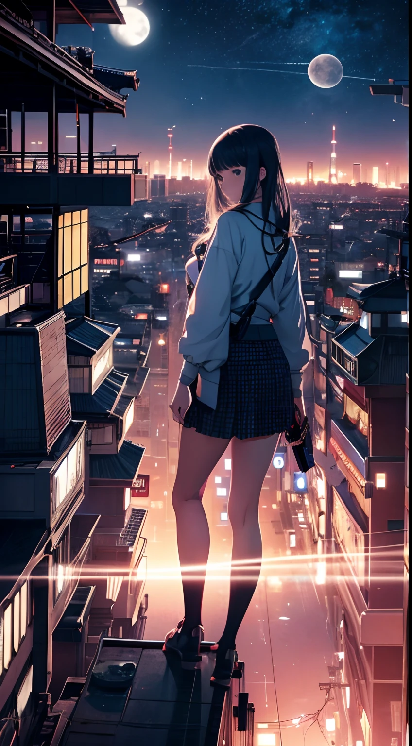 James Jean Japanese Anime Surreal Mysterious Bizarre Sci-fi Fantasy Tokyo Night Walk On Telephone Pole Mini Skirt High  Girl Moon Space Station Bird's Eye View Night View of Buildings, hyperdetailed high resolution high definition high quality masterpiece, a girl standing on top of telephone pole