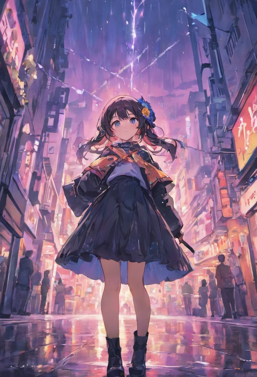 masterpiece, high quality, high resoultion, extremely detail wallpaper, 8K, black beret, black white skirt, black boots, headband, purple flower on head, blue eyes, city, rain drops