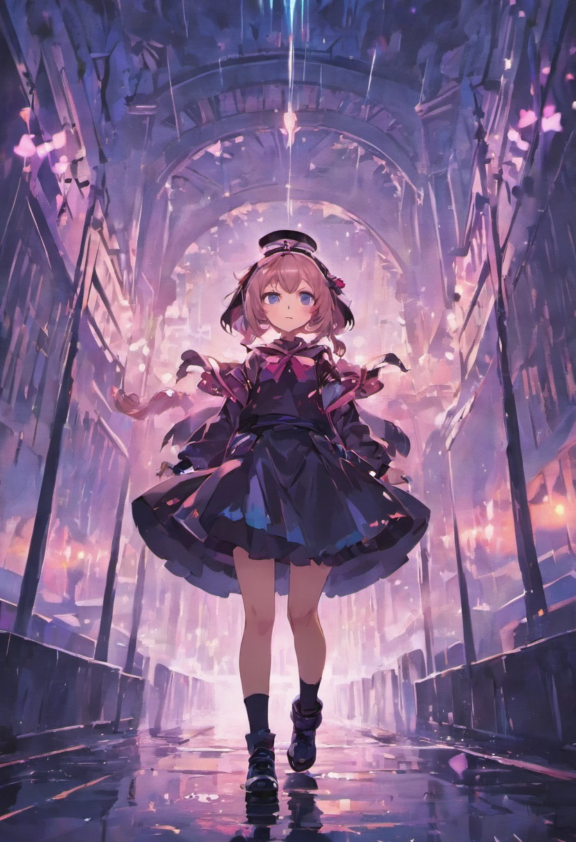 masterpiece, high quality, high resoultion, extremely detail wallpaper, 8K, black beret, black white skirt, black boots, headband, purple flower on head, blue eyes, city, rain drops