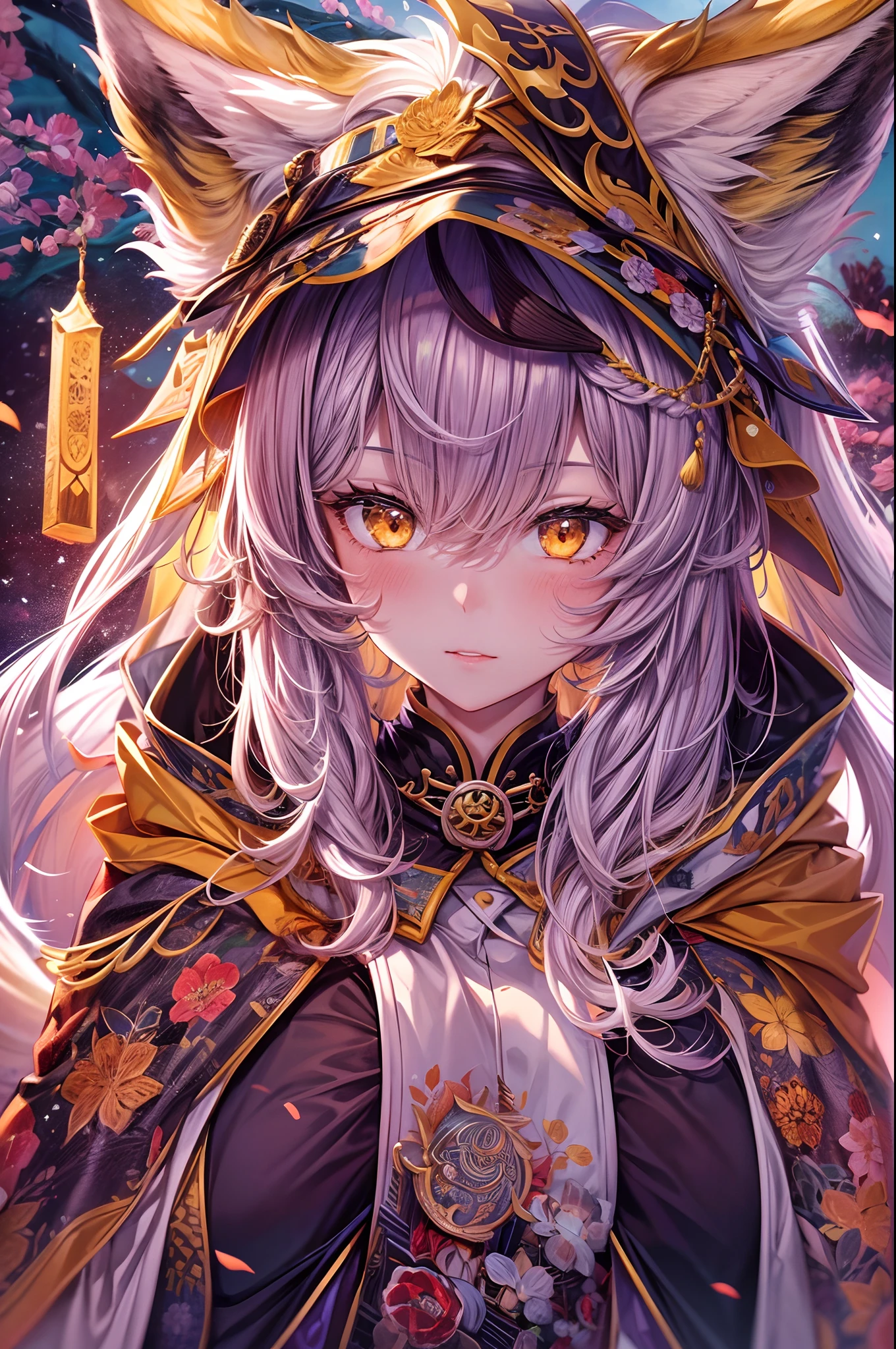 1girl,solo,, official art, unity 8k wallpaper, ultra detailed, beautiful and aesthetic, beautiful, masterpiece, best quality,, Kitsune witch, fox mask, haori jacket, foxfire spell, fox familiar, transformation,