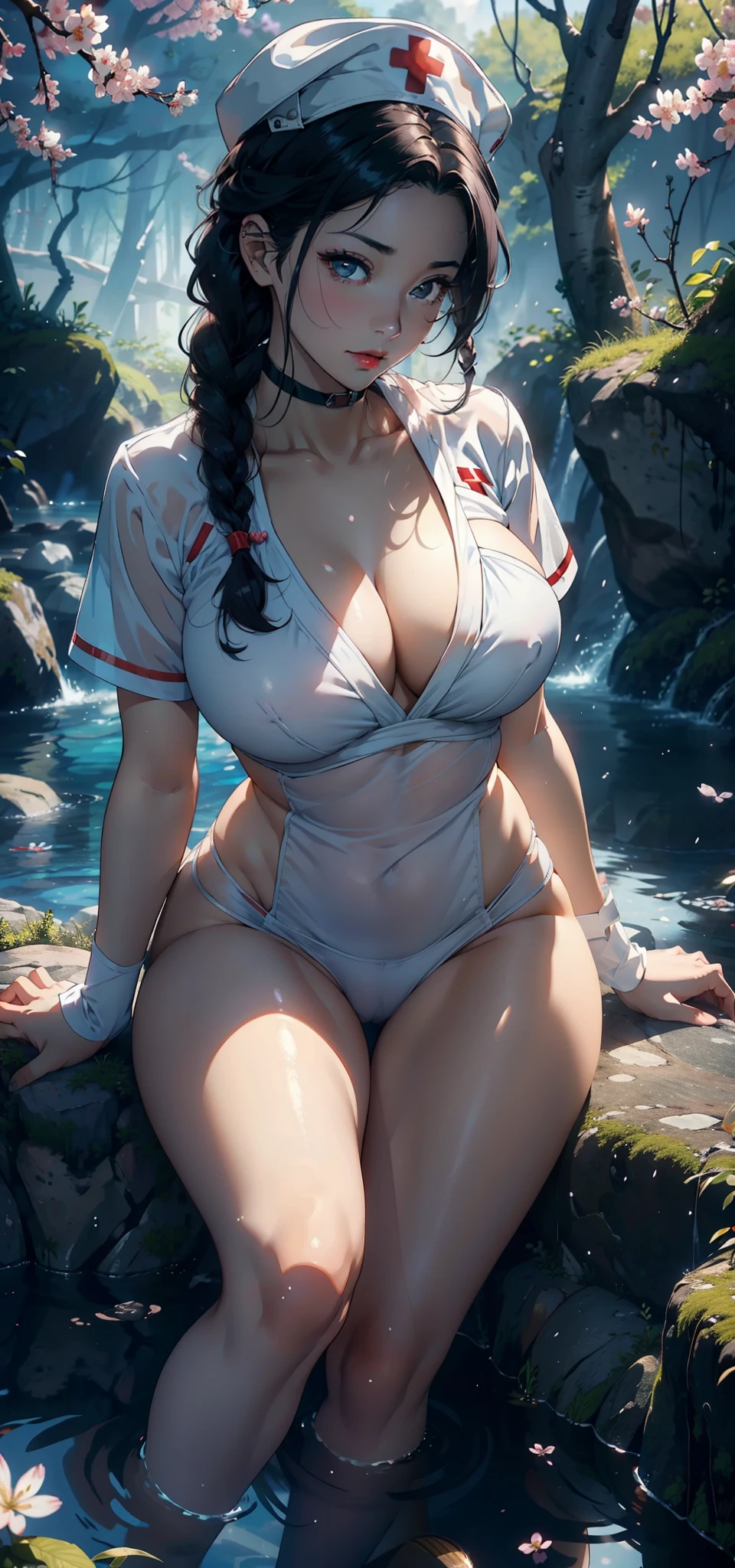 1female，35yo，plumw，extremely large bosom， 独奏，（Background with：，Cherry blossom forest，Deep in the forest，hospitals，）Sitting on the rocks of the pool，legs are open，Bare genitalia，Bare ， She has short black hair，standing on your feet，seen from the front， Twist braids， mostly cloudy sky，（（（tmasterpiece），（Very detailed CG unity 8K wallpaper），best qualtiy，cinmatic lighting，detailed back ground，beatiful detailed eyes，Bright pupils，Black eyes，Snow-whiteskin，Redlip（Very fine and beautiful），（Beautiful and detailed eye description），ultra - detailed，tmasterpiece，））facing at camera，A high resolution，ultra - detailed），revealing breasts，Bare genitalia，  Bulge，legs are open，Raised sexy，Camel toes，Flushed complexion，Desire for dissatisfaction，frontage，nurses，White transparent Superman uniform，Nurse hat，Red Cross Mark