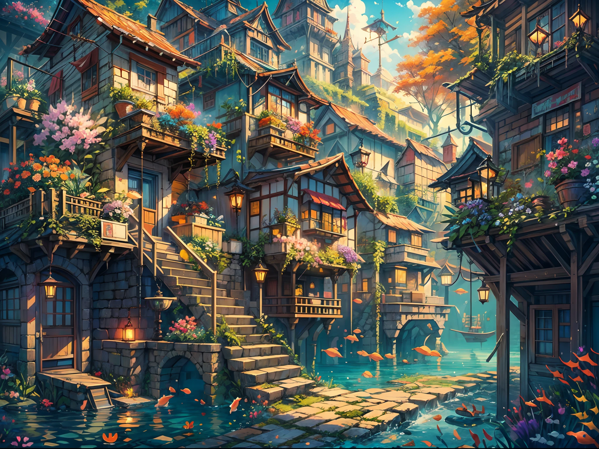 Color (Fantasy: 1.2), (Hayao Miyazaki style), (irregular building floating in the sea), patchwork cottages, flower decorations, lights, concept art inspired by Andreas Rocha, Artstation contest winner, Fantasy art, (underwater city), ross tran, light shafts, realistic lighting, masterpiece, high quality, beautiful graphics, high detail, masterpiece, high quality, beautiful graphics, high detail, --v6