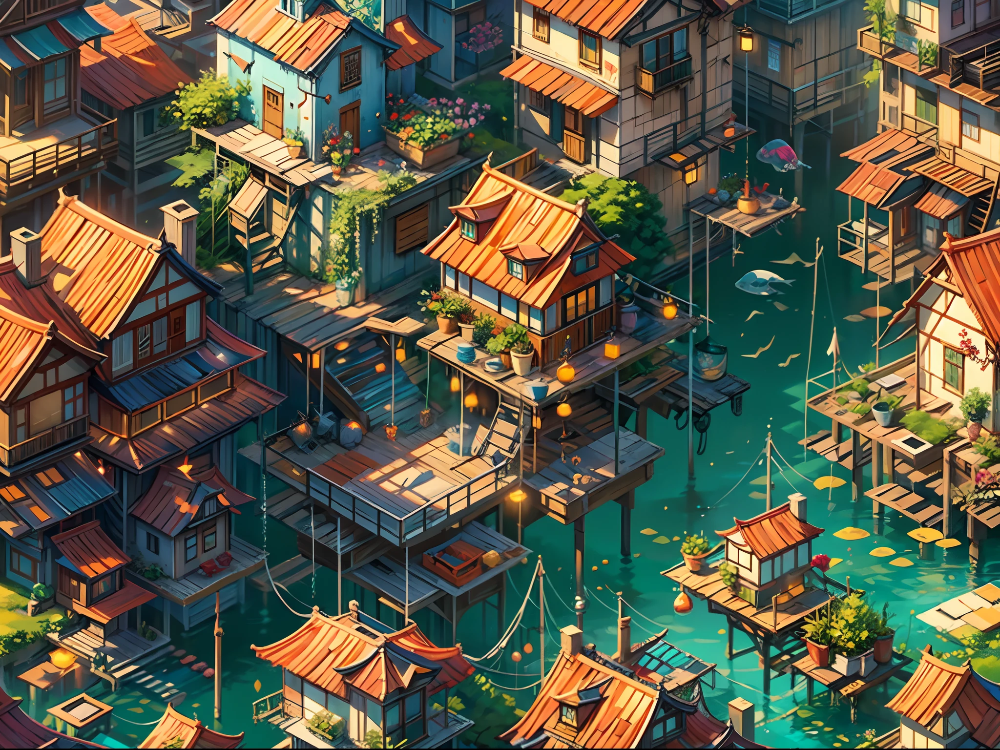 Color (Fantasy: 1.2), (Hayao Miyazaki style), (irregular building floating in the sea), patchwork cottages, flower decorations, lights, concept art inspired by Andreas Rocha, Artstation contest winner, Fantasy art, (underwater city), ross tran, light shafts, realistic lighting, masterpiece, high quality, beautiful graphics, high detail, masterpiece, high quality, beautiful graphics, high detail, --v6