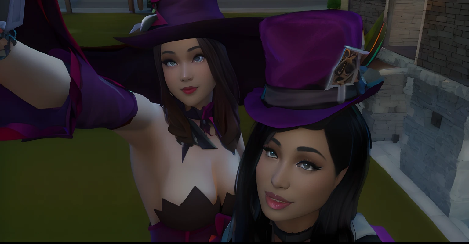 Two women dressed in costumes and hats are taking a selfie, wearing a witch's hat, pose de spellcasting, Sims 4 Captura de tela, with a weird hat, witch hat, socks and a tricorn hat, ( ( ( black witch hat ) ) ) ), Nixeu e Sakimichan, wearing black witch hat, Pointed witch hat, mid closeup