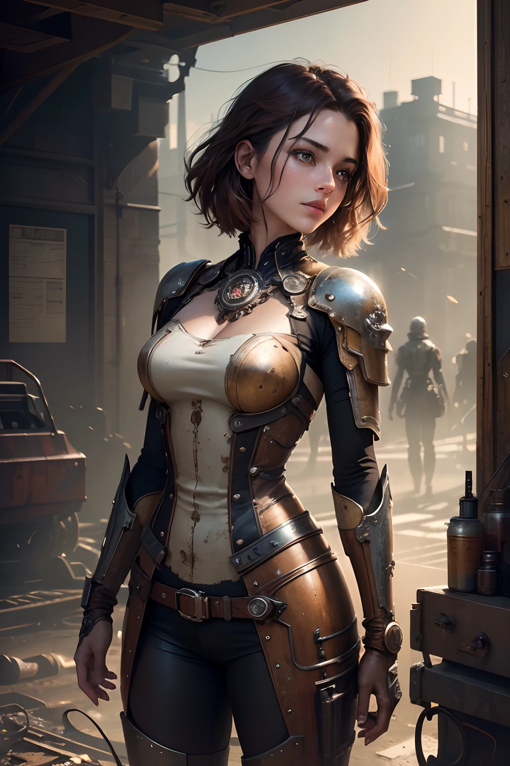 (postapocalypse:1.27), Jennifer Lawrence, nurse's outfit showing cleavage, dystopian, intricate, futuristic, (art:1.27)station, concept (art:1.27), smooth, sharp focus, illustration, (art:1.27) by (art:1.27)germ and greg rutkowski and alphonse mucha